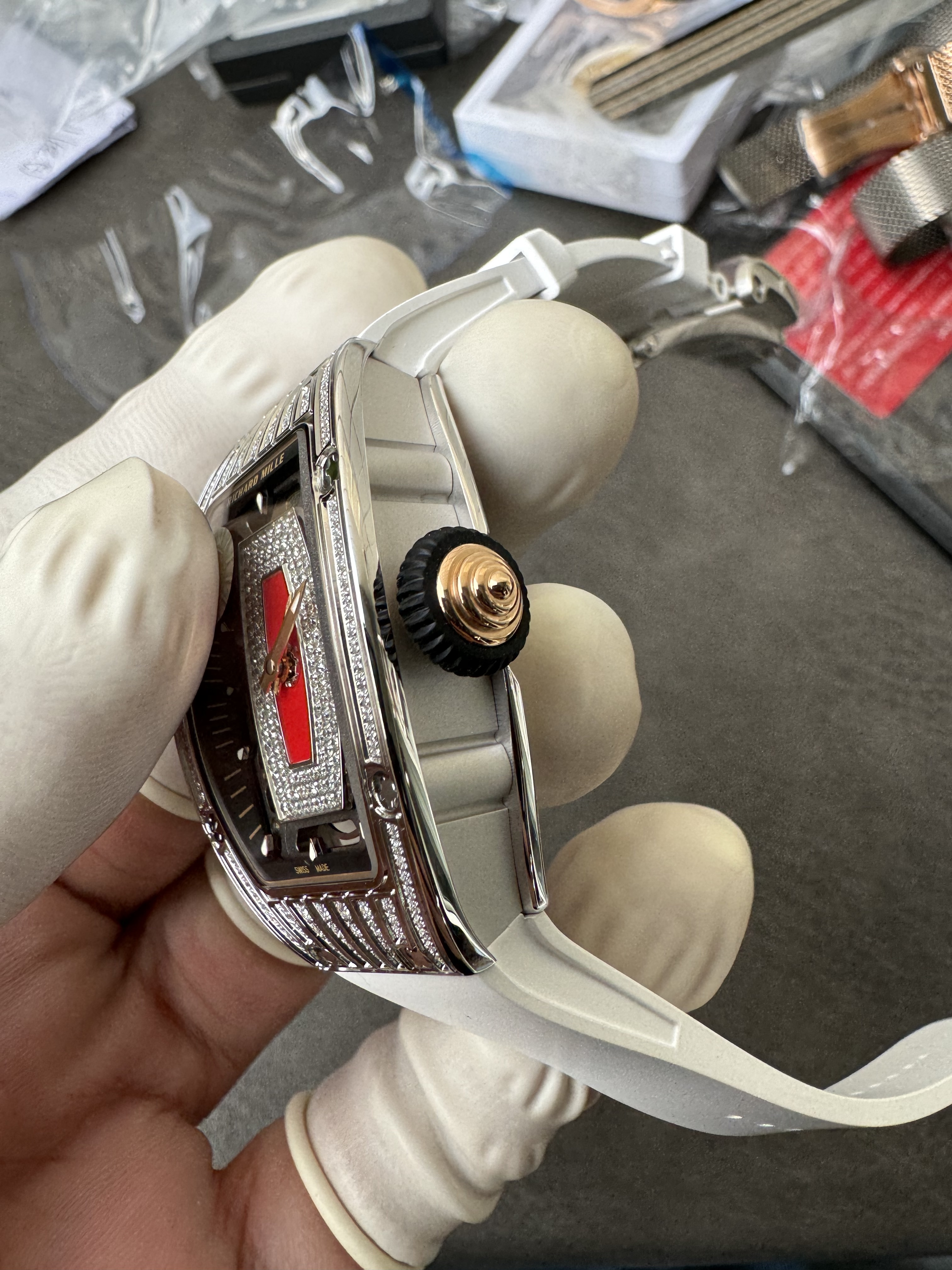 Super Clone Richard Mille RM 07-01 White Full Diamond Ladies Watch with Red Center Inlay & Gem-Set Bridge