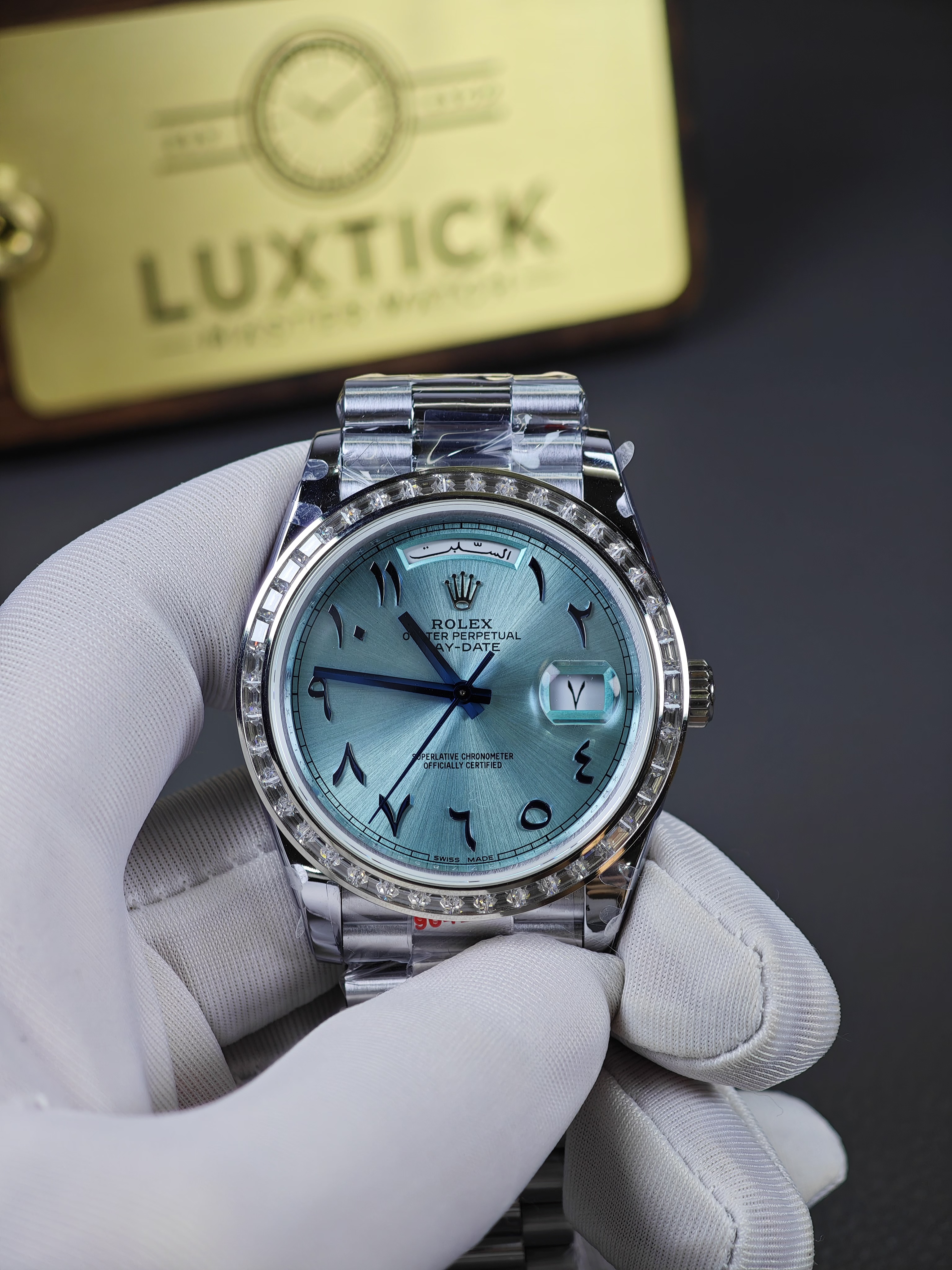 Rolex Day-Date 228396TBR Ice Blue Arabic Dial Diamond Bezel (40mm) Super Clone