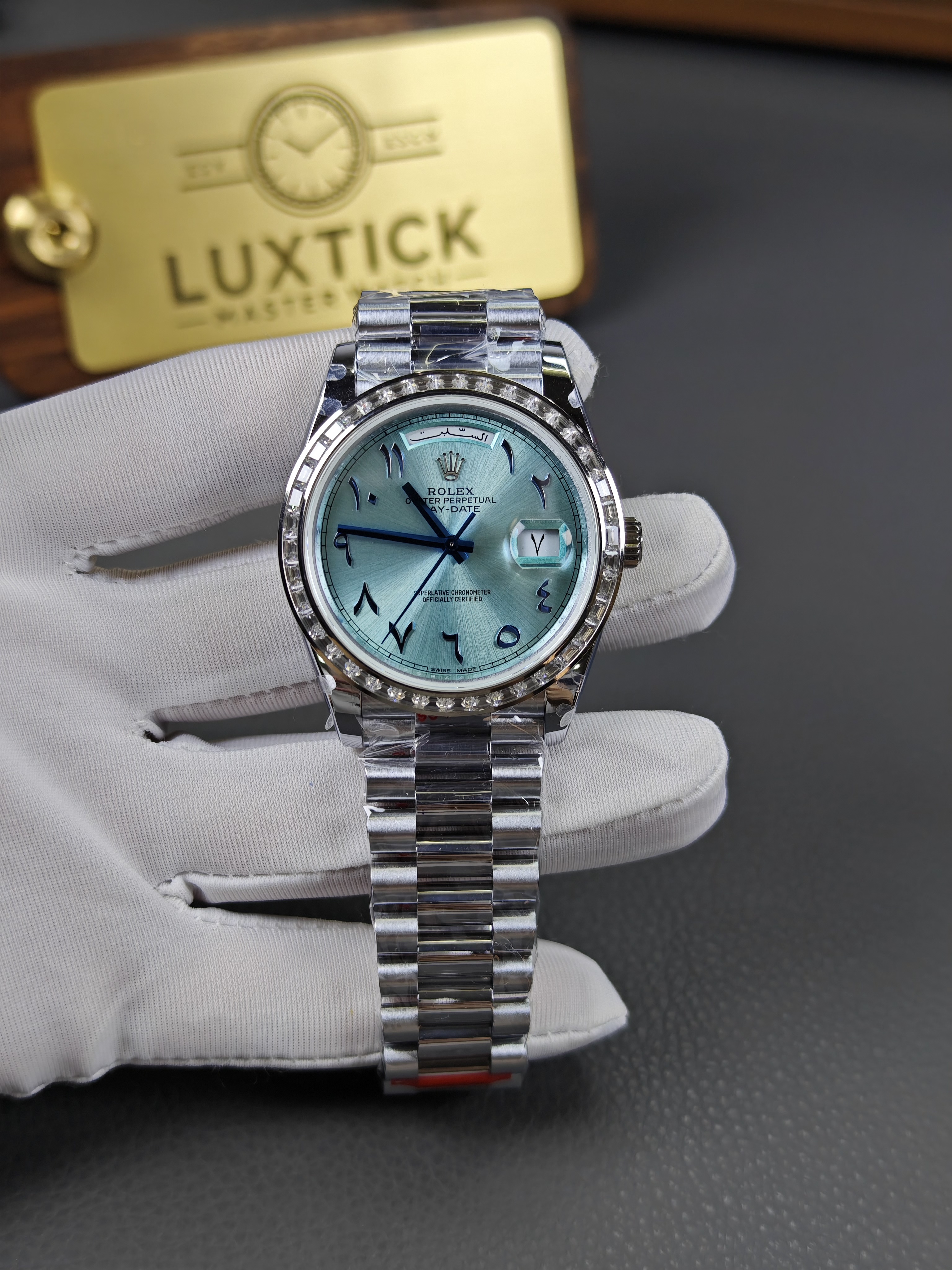 Rolex Day-Date 228396TBR Ice Blue Arabic Dial Diamond Bezel (40mm) Super Clone