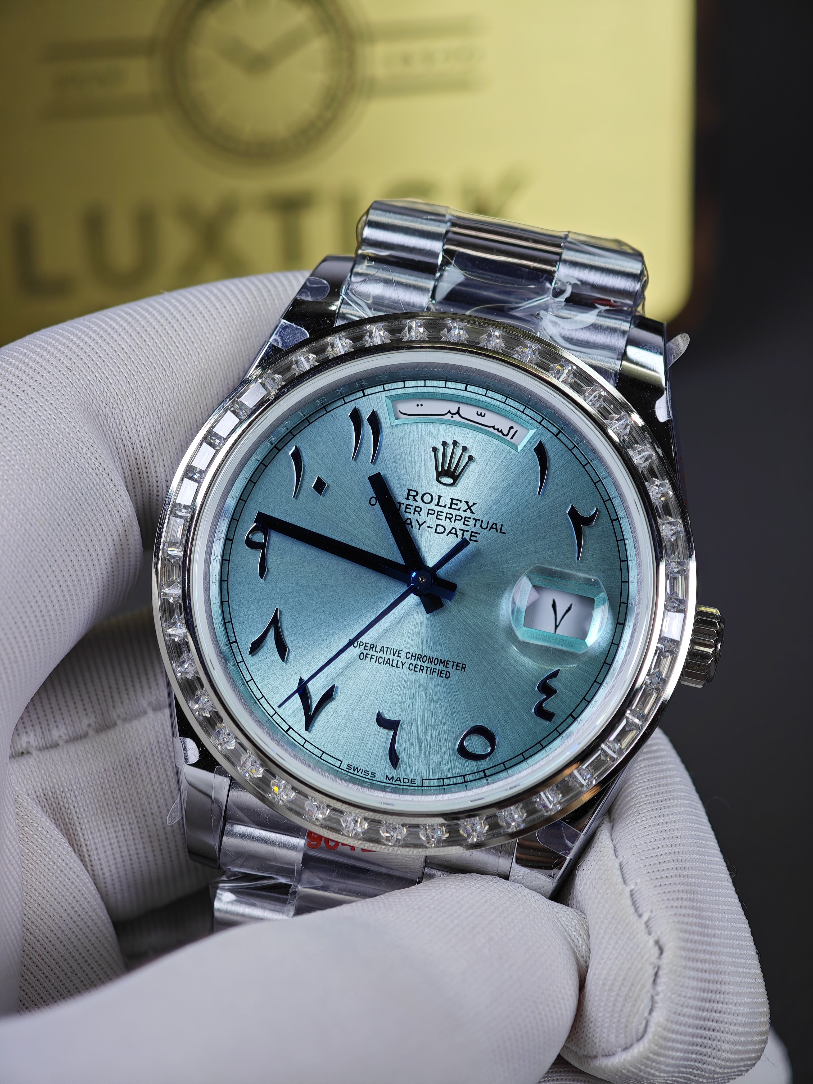 Rolex Day-Date 228396TBR Ice Blue Arabic Dial Diamond Bezel (40mm) Super Clone