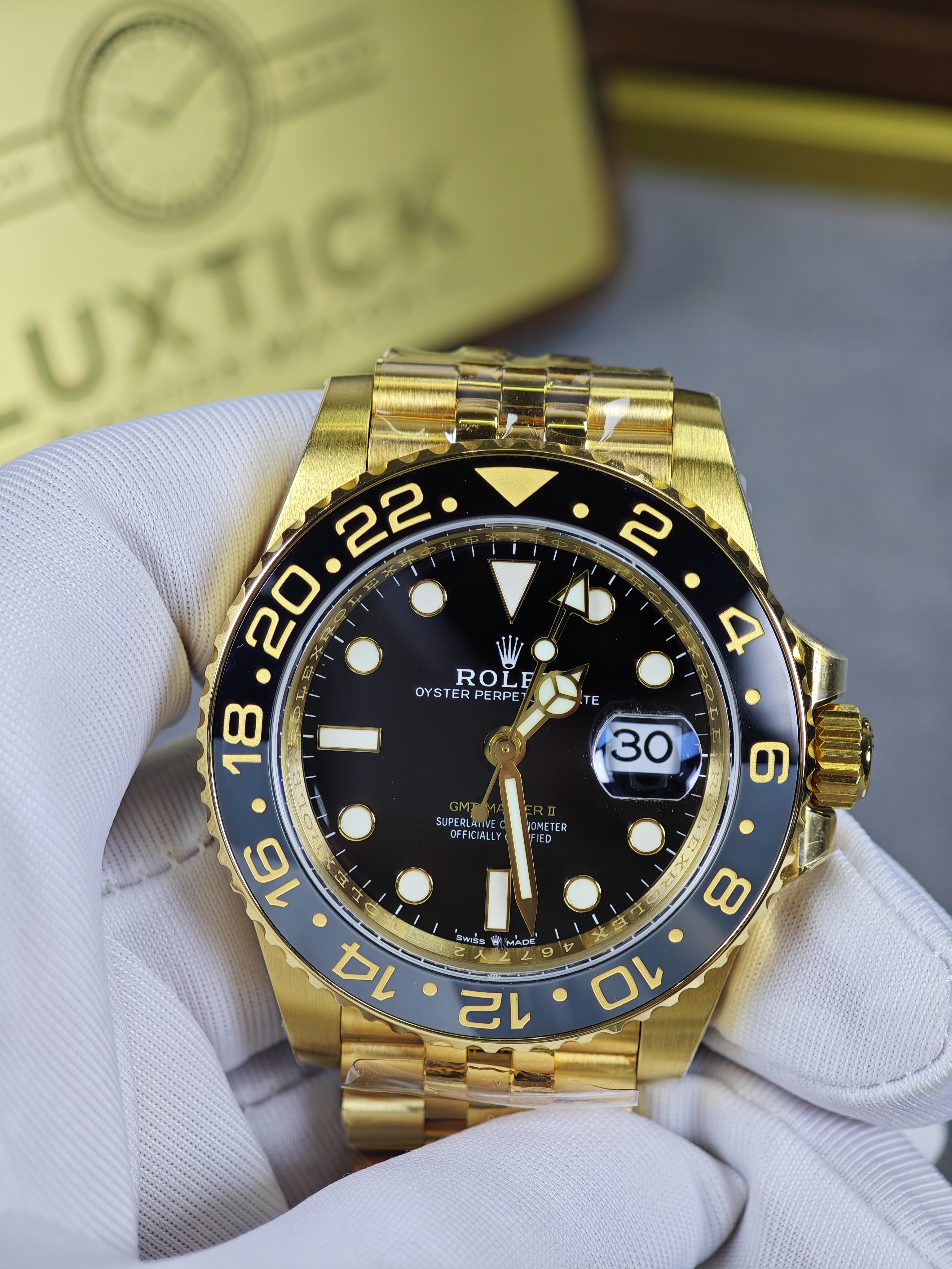 Rolex GMT Master II 126718grnr-0001 Full yellow gold with Black Dial on Jubilee (40mm) Super Clone