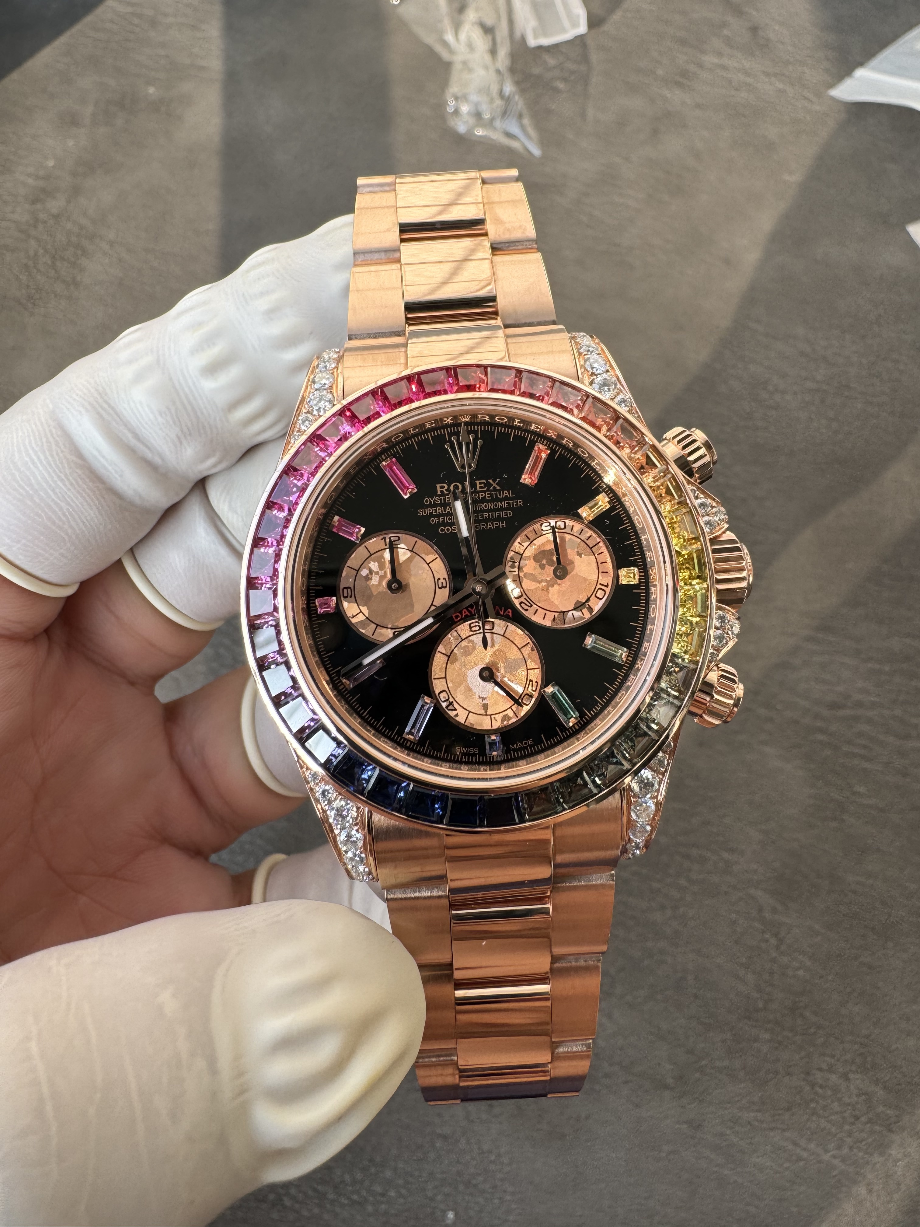 Super clone Rolex 1:1 Daytona black dial rainbow rose gold diamond
