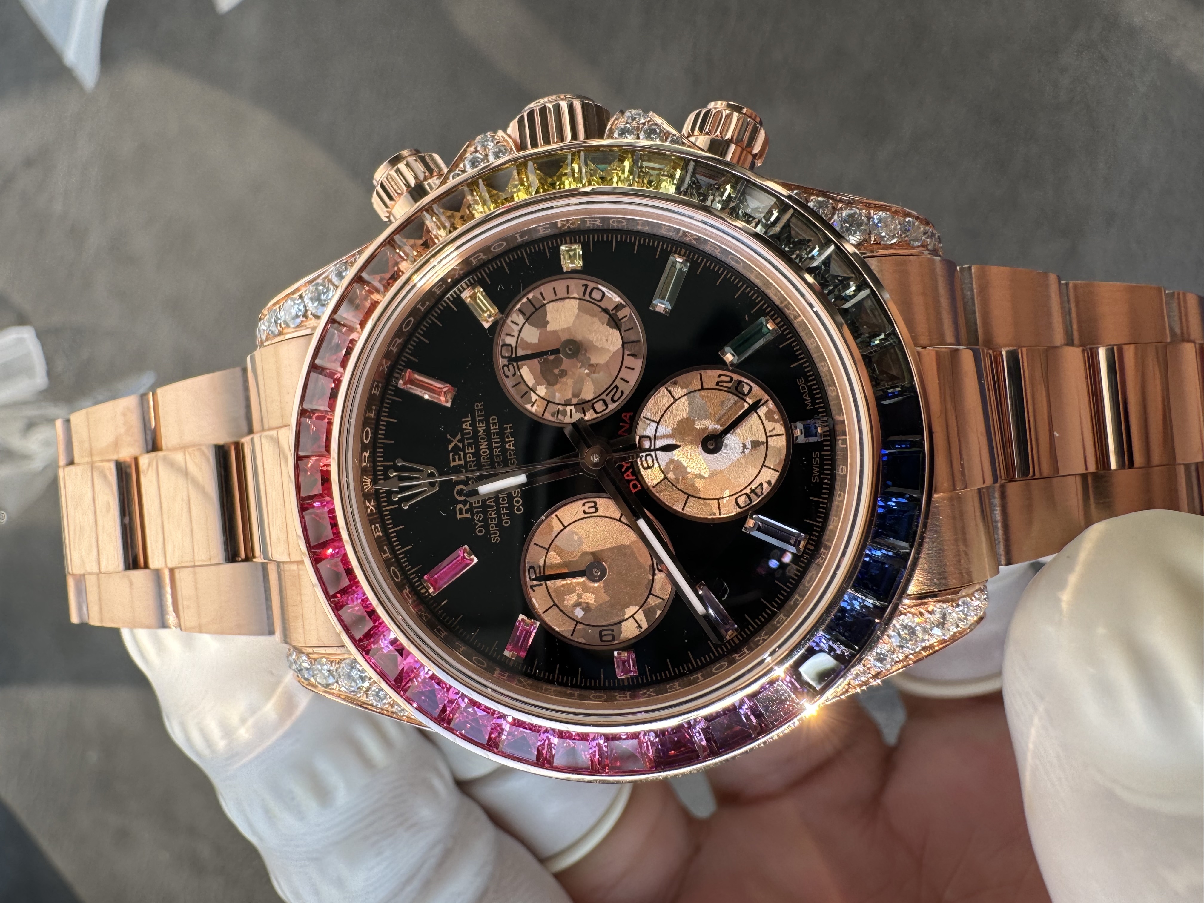 Super clone Rolex 1:1 Daytona black dial rainbow rose gold diamond