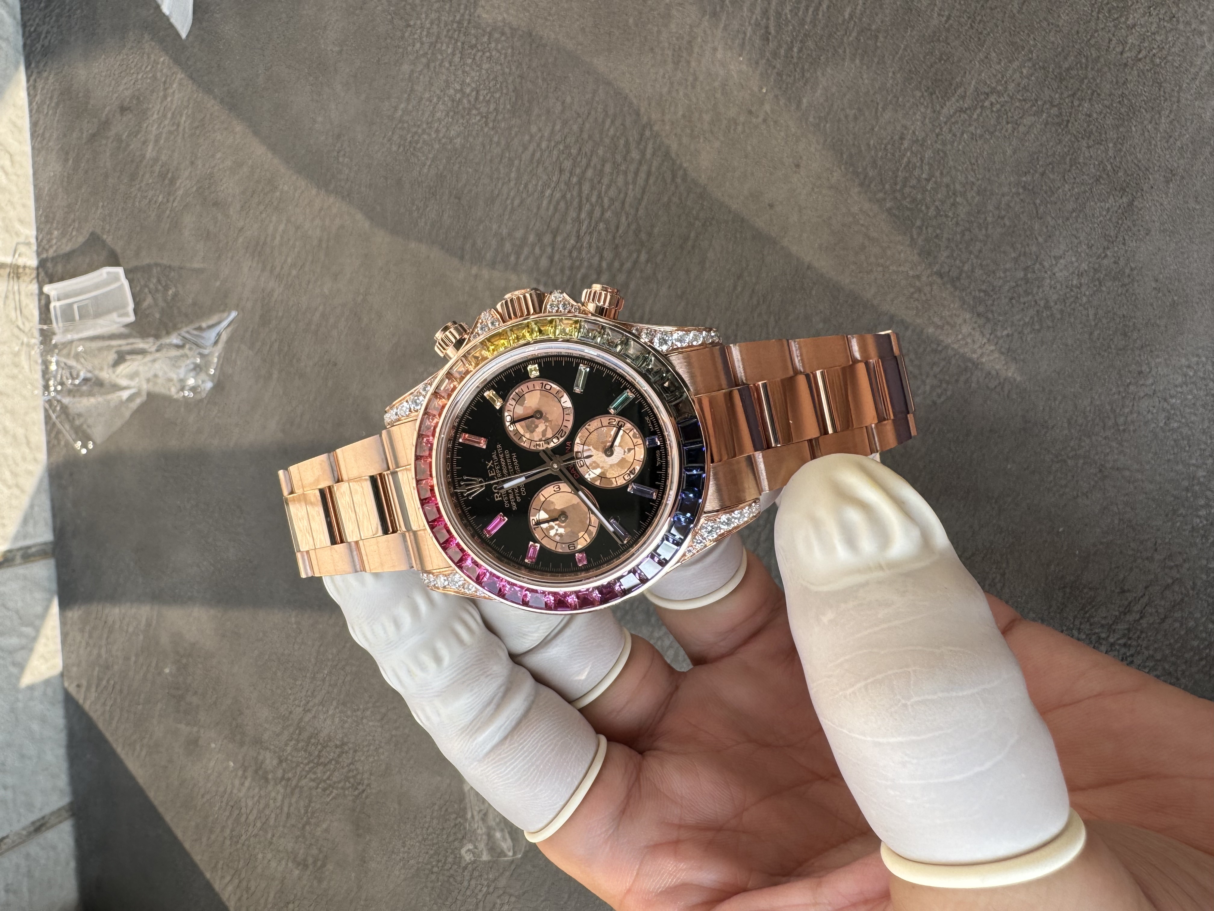 Super clone Rolex 1:1 Daytona black dial rainbow rose gold diamond
