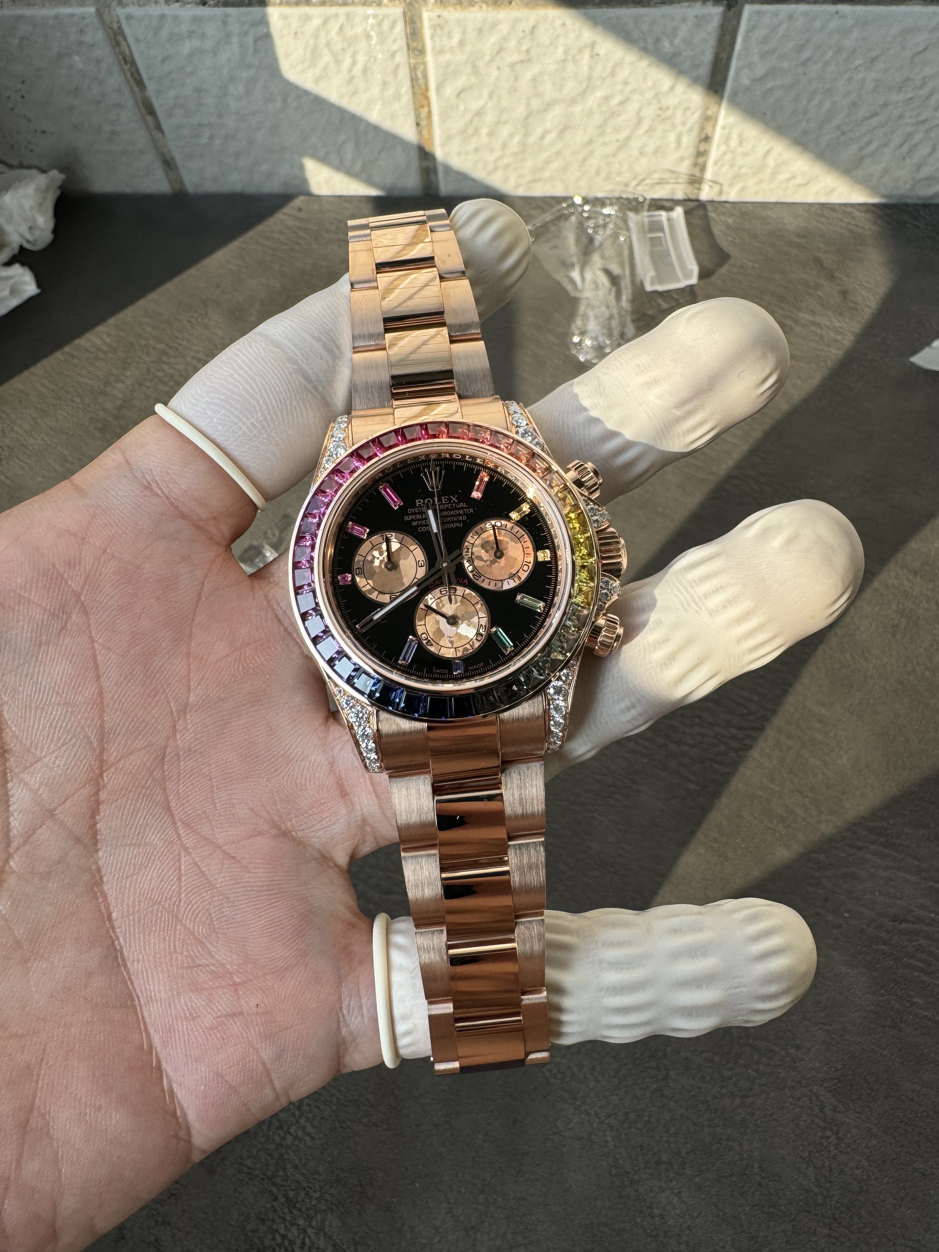 Super clone Rolex 1:1 Daytona black dial rainbow rose gold diamond
