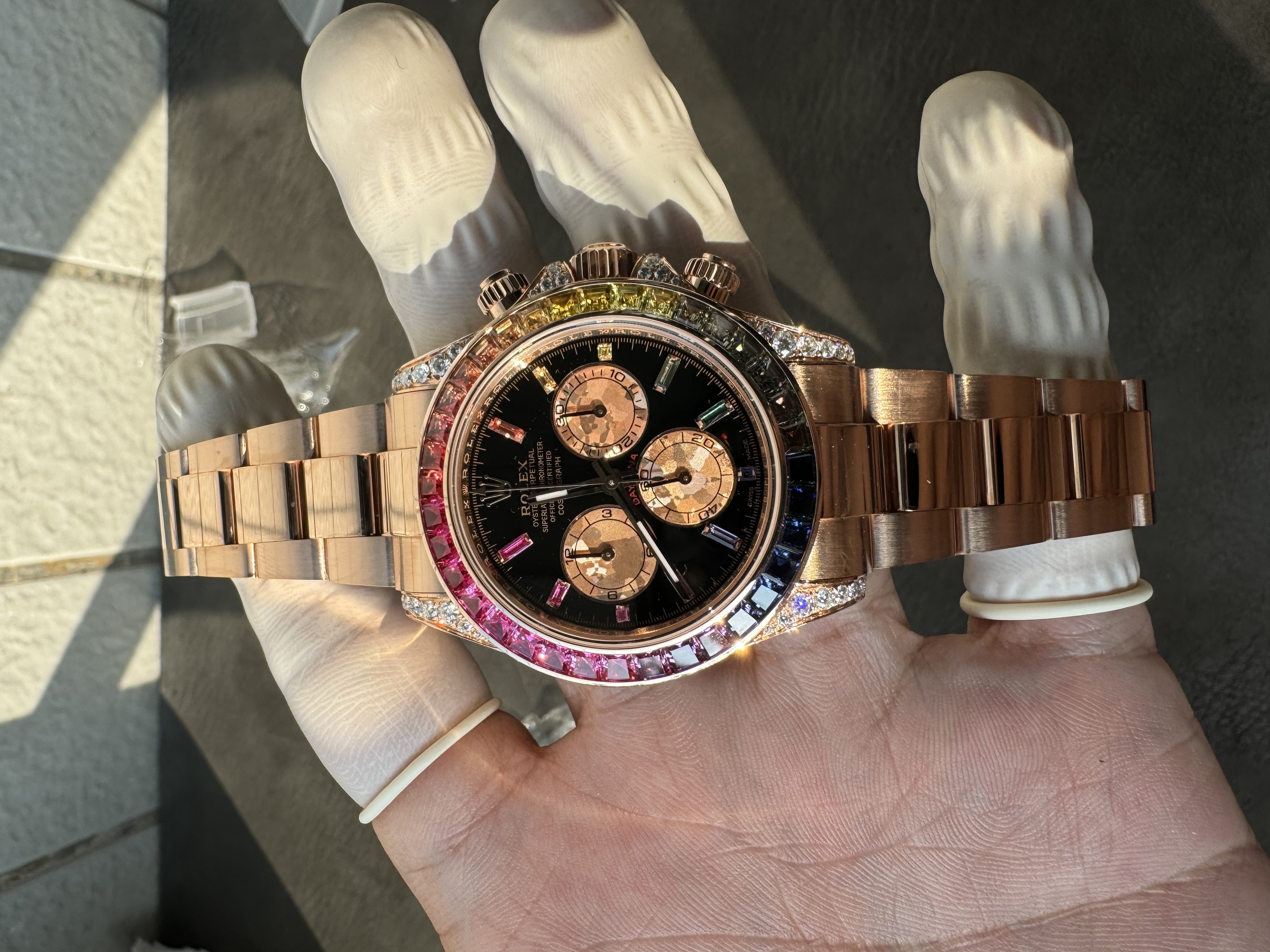 Super clone Rolex 1:1 Daytona black dial rainbow rose gold diamond