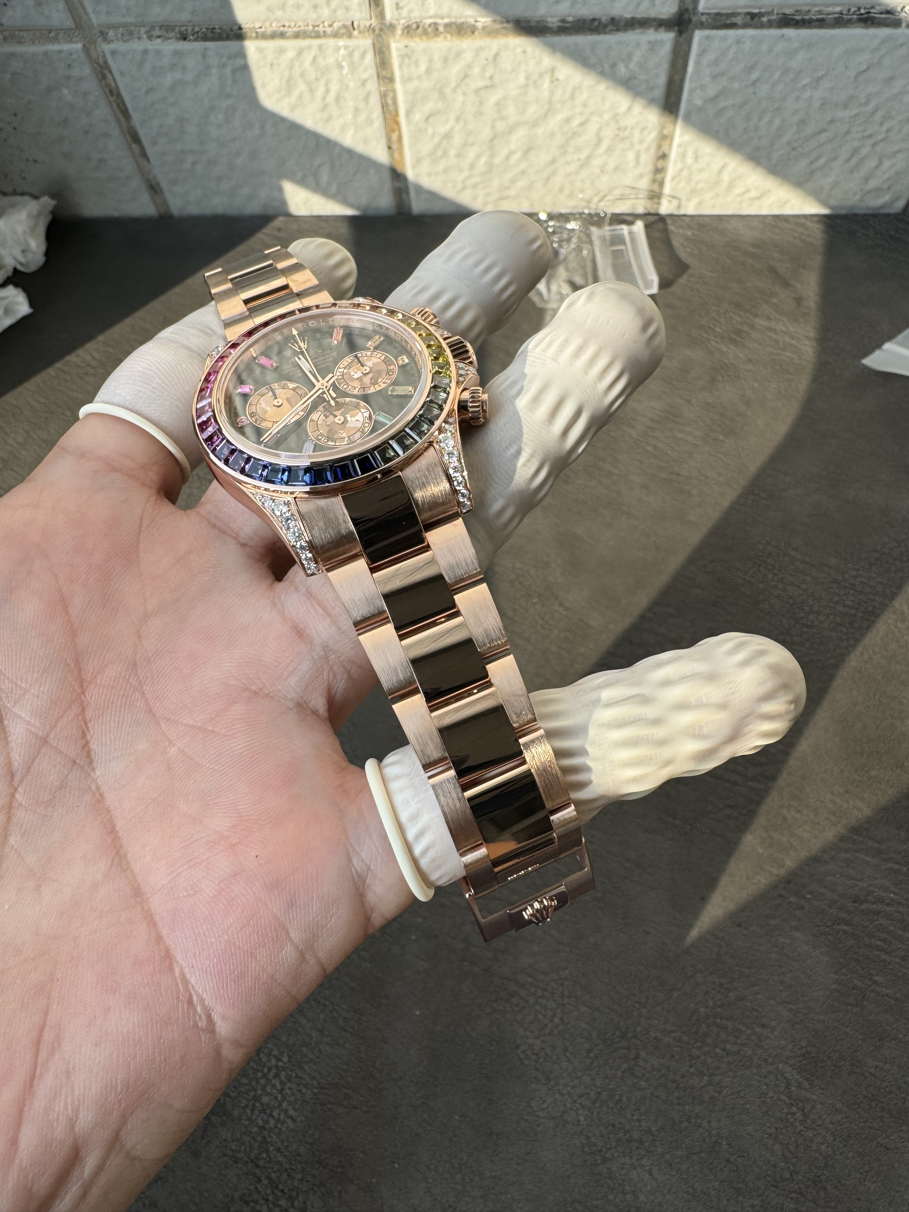 Super clone Rolex 1:1 Daytona black dial rainbow rose gold diamond