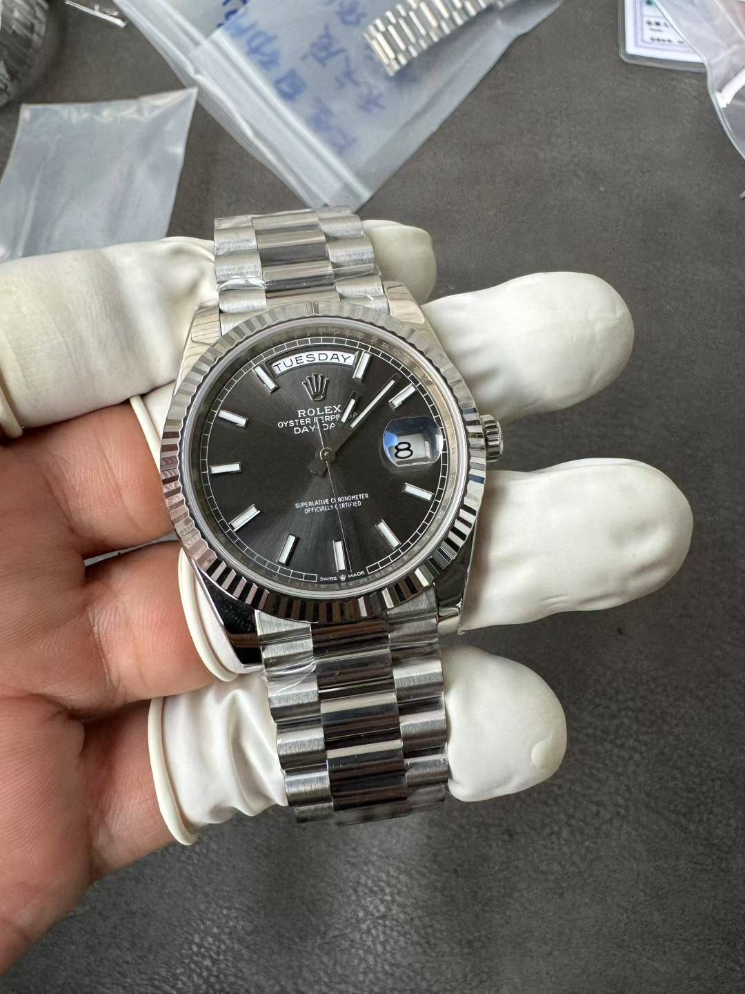 Super Clone Rolex 1:1 Day Date Platinum Gray Dial Bar Studs