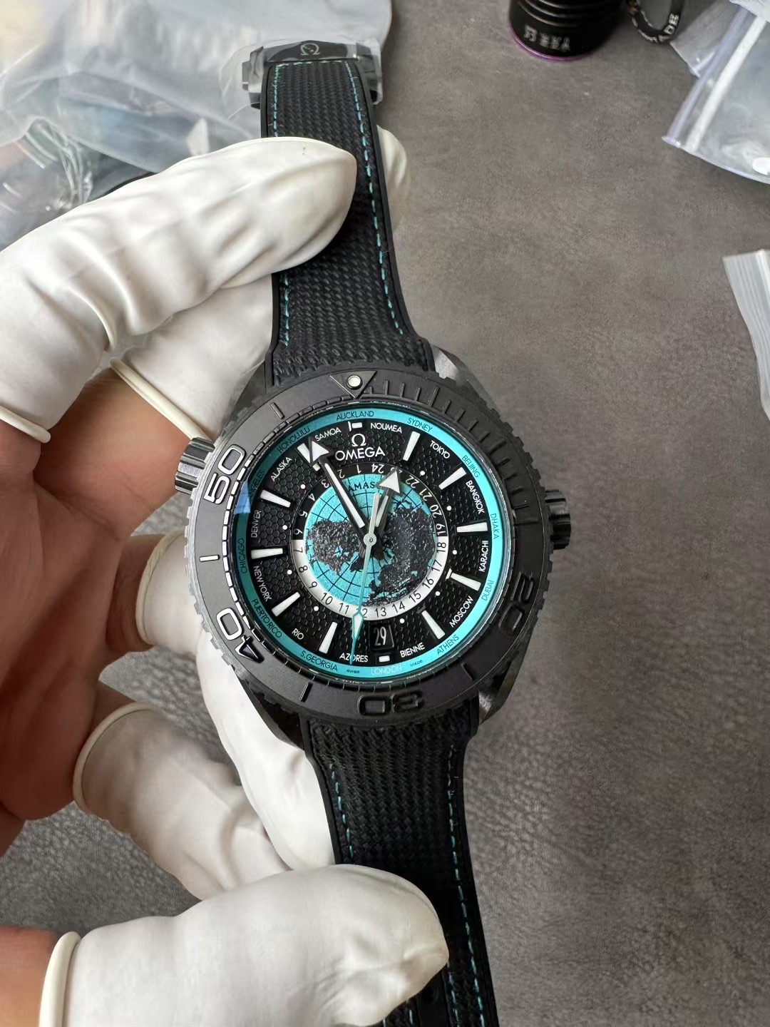 Super Clone 1:1 Omega Seamaster 215.92.46.2201.006 Black Ceramic Case Tiffany Blue Titanium Map