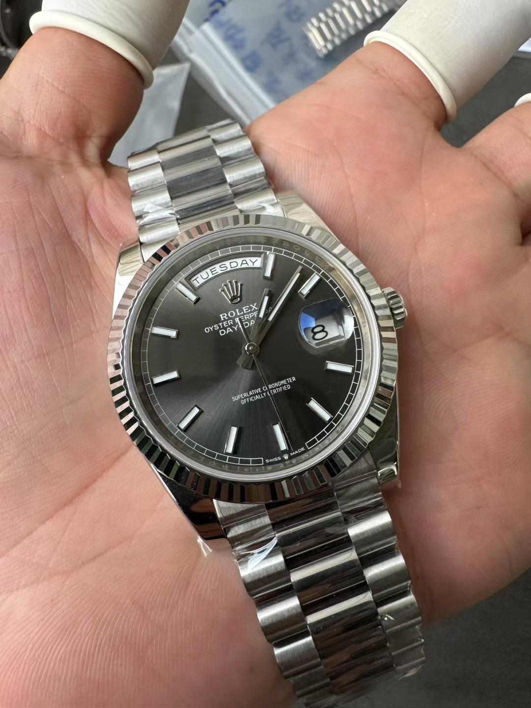 Super Clone Rolex 1:1 Day Date Platinum Gray Dial Bar Studs