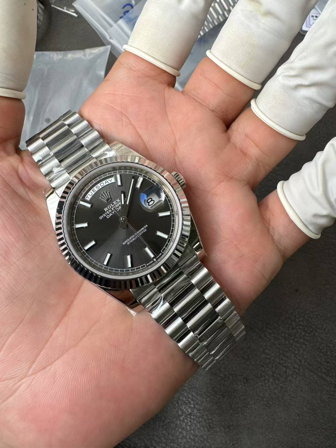 Super Clone Rolex 1:1 Day Date Platinum Gray Dial Bar Studs