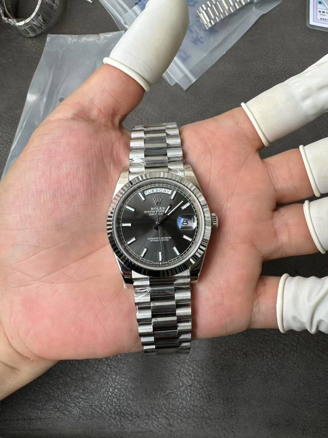 Super Clone Rolex 1:1 Day Date Platinum Gray Dial Bar Studs