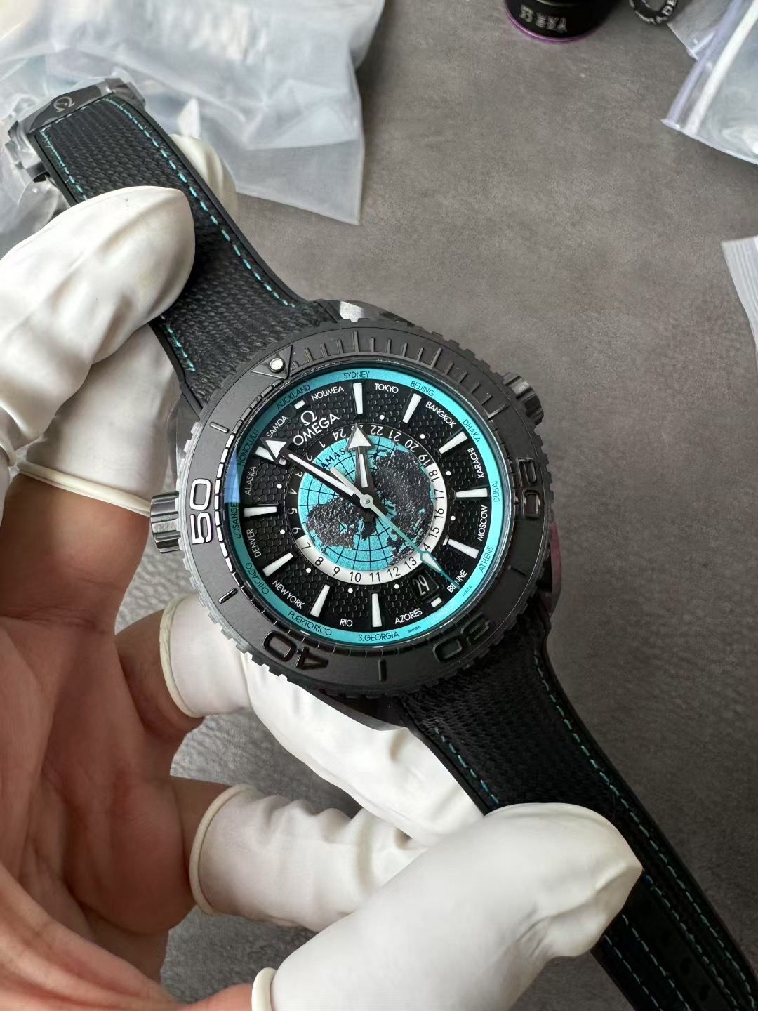 Super Clone 1:1 Omega Seamaster 215.92.46.2201.006 Black Ceramic Case Tiffany Blue Titanium Map