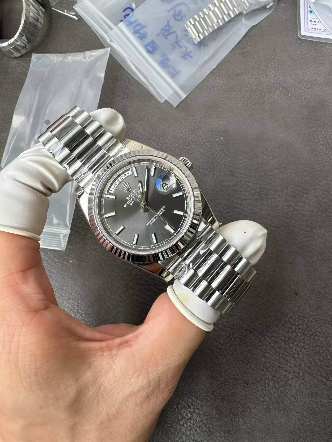 Super Clone Rolex 1:1 Day Date Platinum Gray Dial Bar Studs