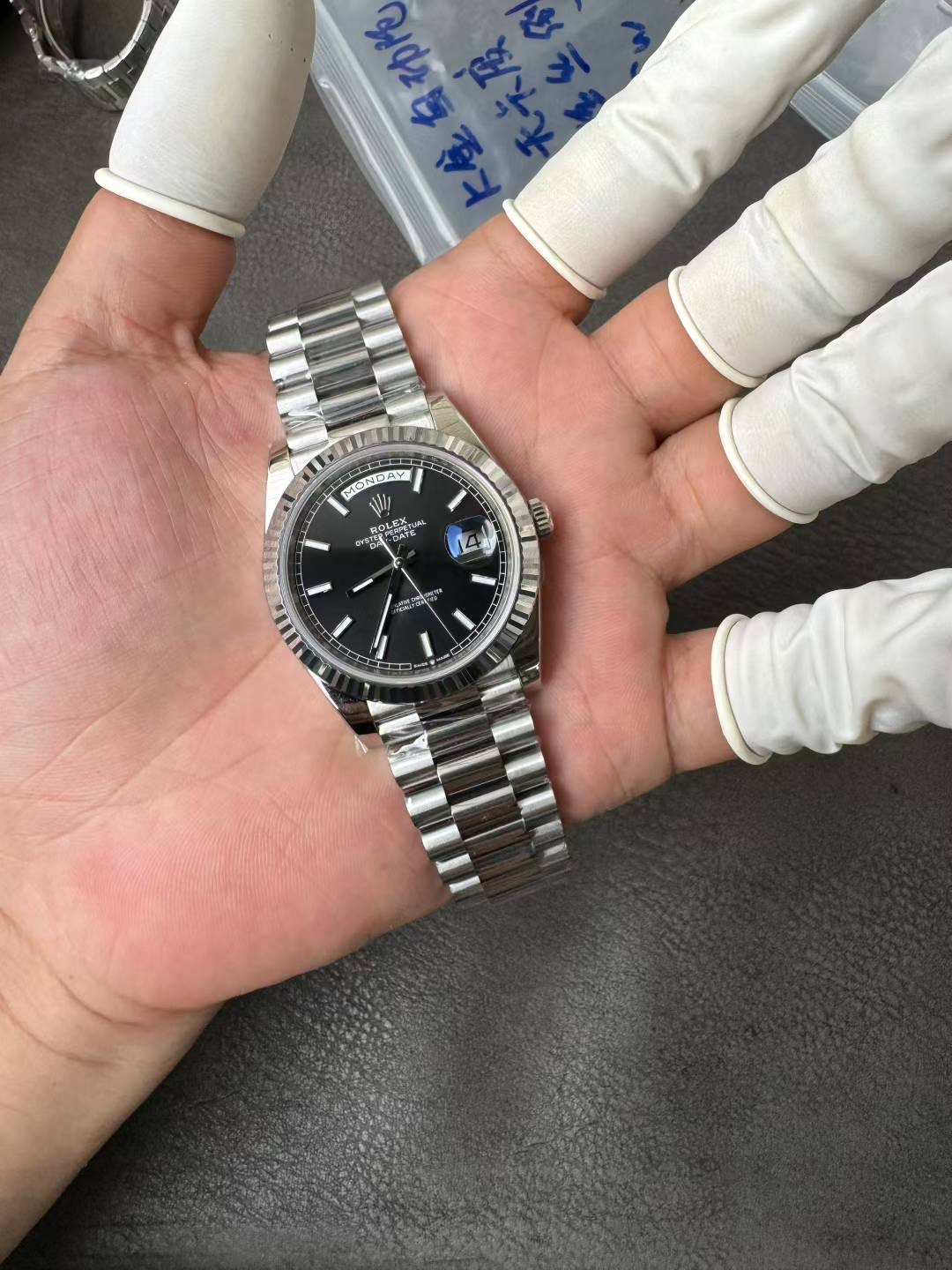 Super Clone Rolex 1:1 Calendar Platinum Black Dial Bar Studs