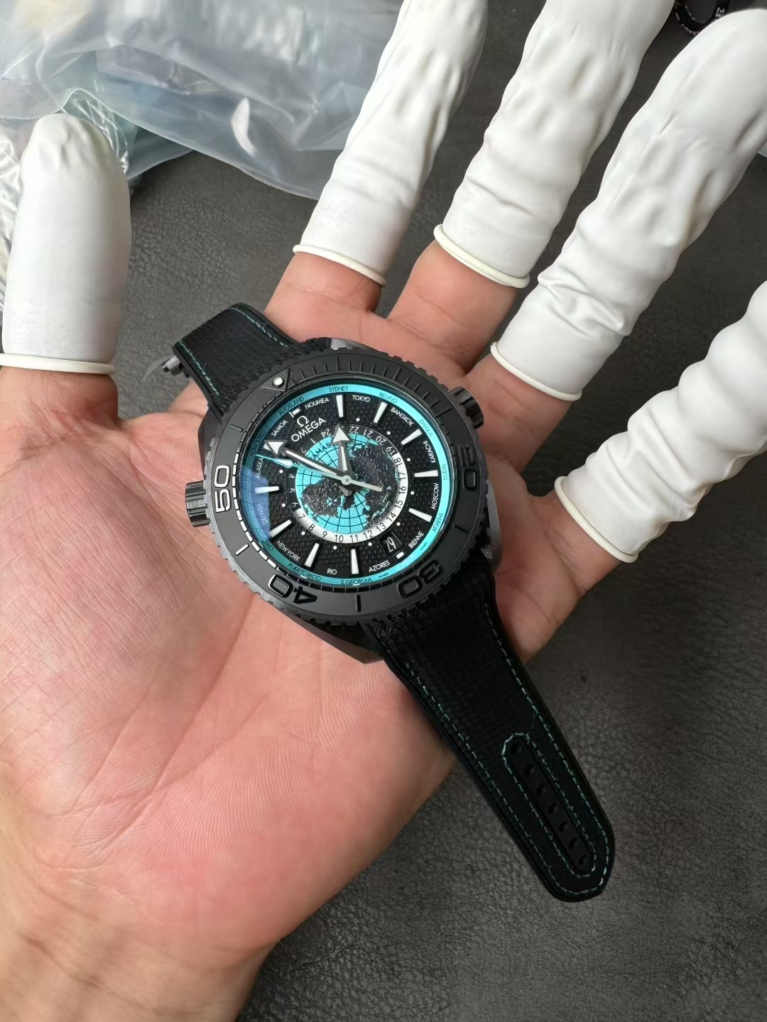 Super Clone 1:1 Omega Seamaster 215.92.46.2201.006 Black Ceramic Case Tiffany Blue Titanium Map