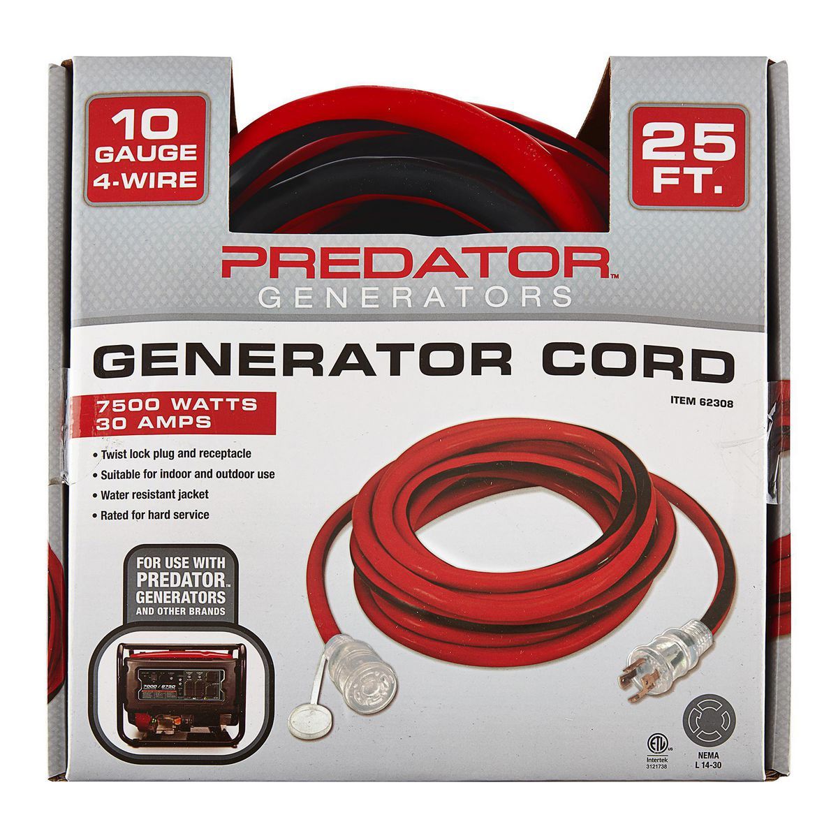 PREDATOR 25 ft. x 10 Gauge, 4-Prong Twist Lock 30A L14-30 Generator Extension Cord