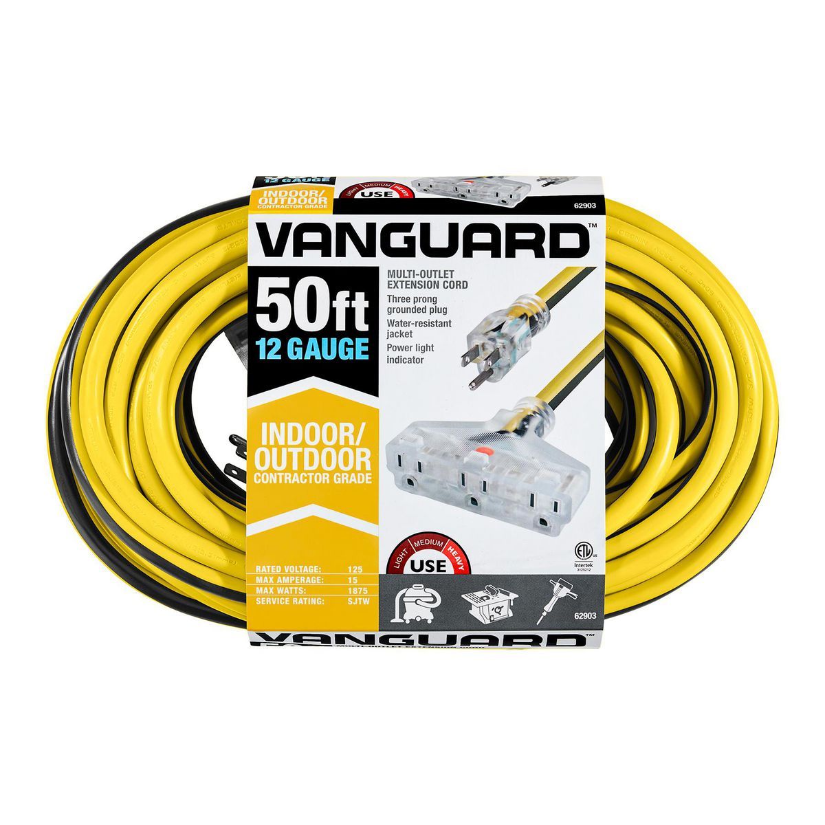 VANGUARD 50 ft. x 12/3 Gauge Multiple Outlet Extension Cord with Indicator Light, Yellow, Black