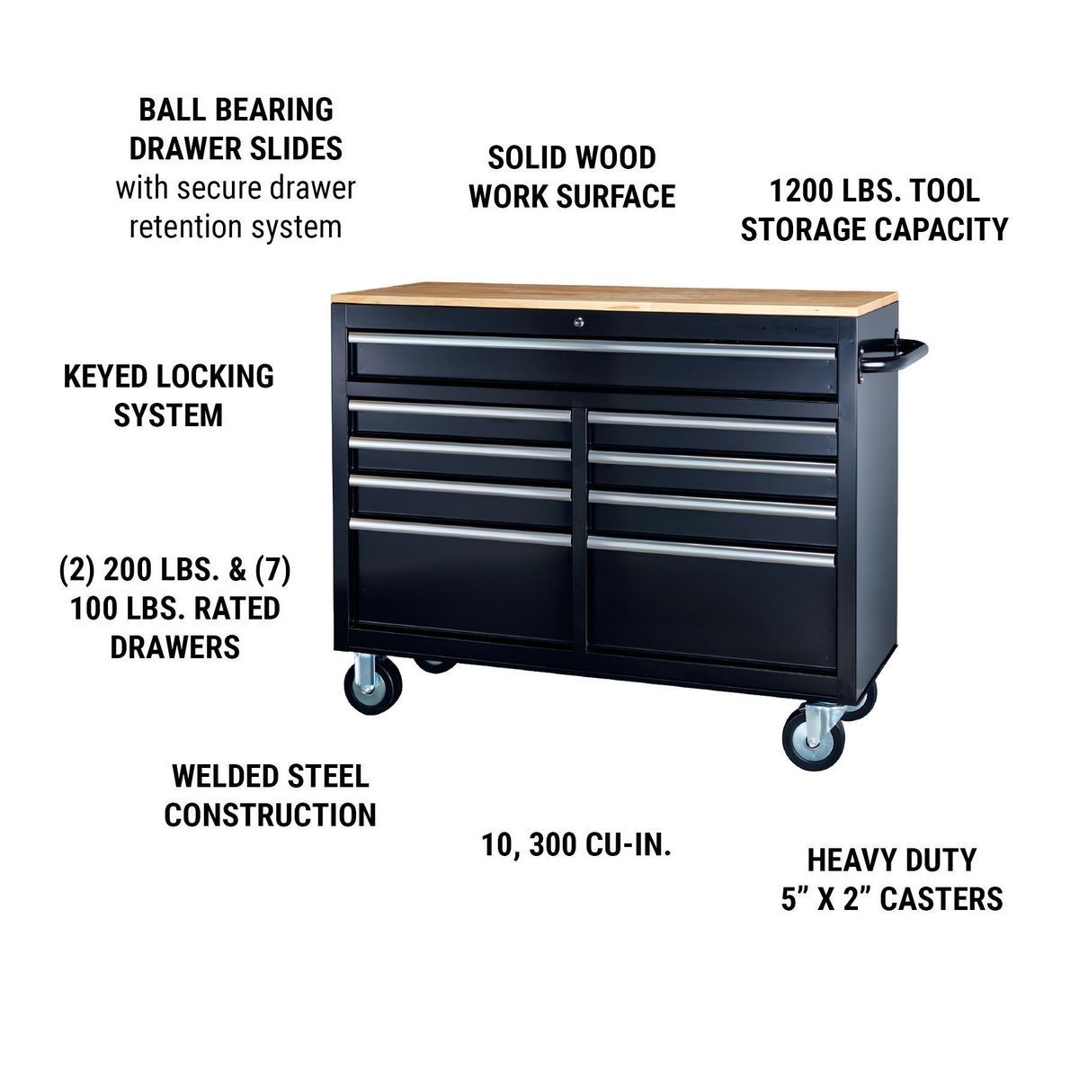 YUKON 46 in., 9-Drawer Mobile Storage Cabinet with Solid Wood Top, Black