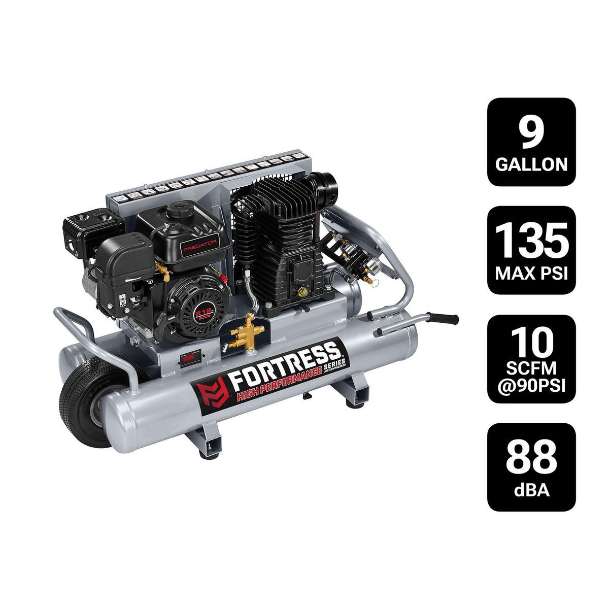FORTRESS 9 Gallon, 135 PSI High Performance Gas Wheelbarrow Jobsite Air Compressor