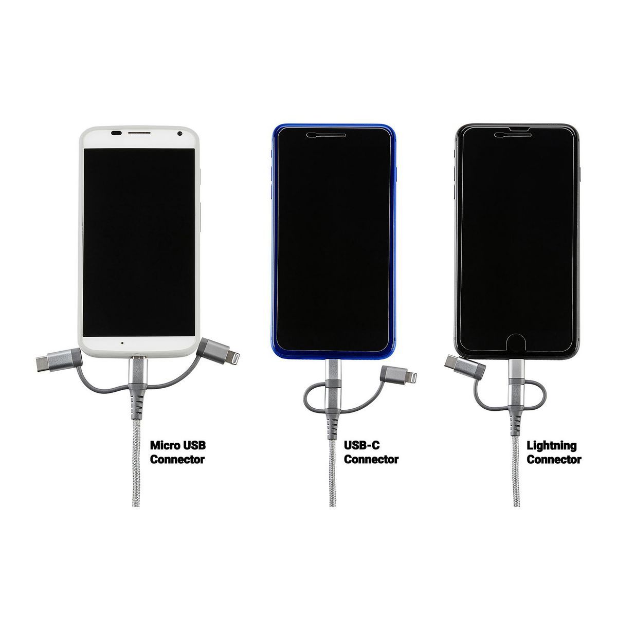 ARMSTRONG 6 ft., 3-in-1 Braided Charging Cable for LIGHTNING, Micro-USB, USB-C