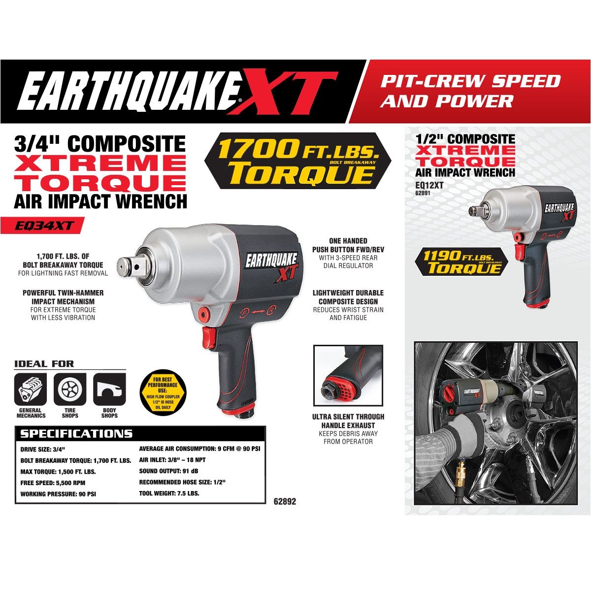 EARTHQUAKE XT 3/4 in. Composite Air Impact Wrench, Twin Hammer, 1700 ft-lbs