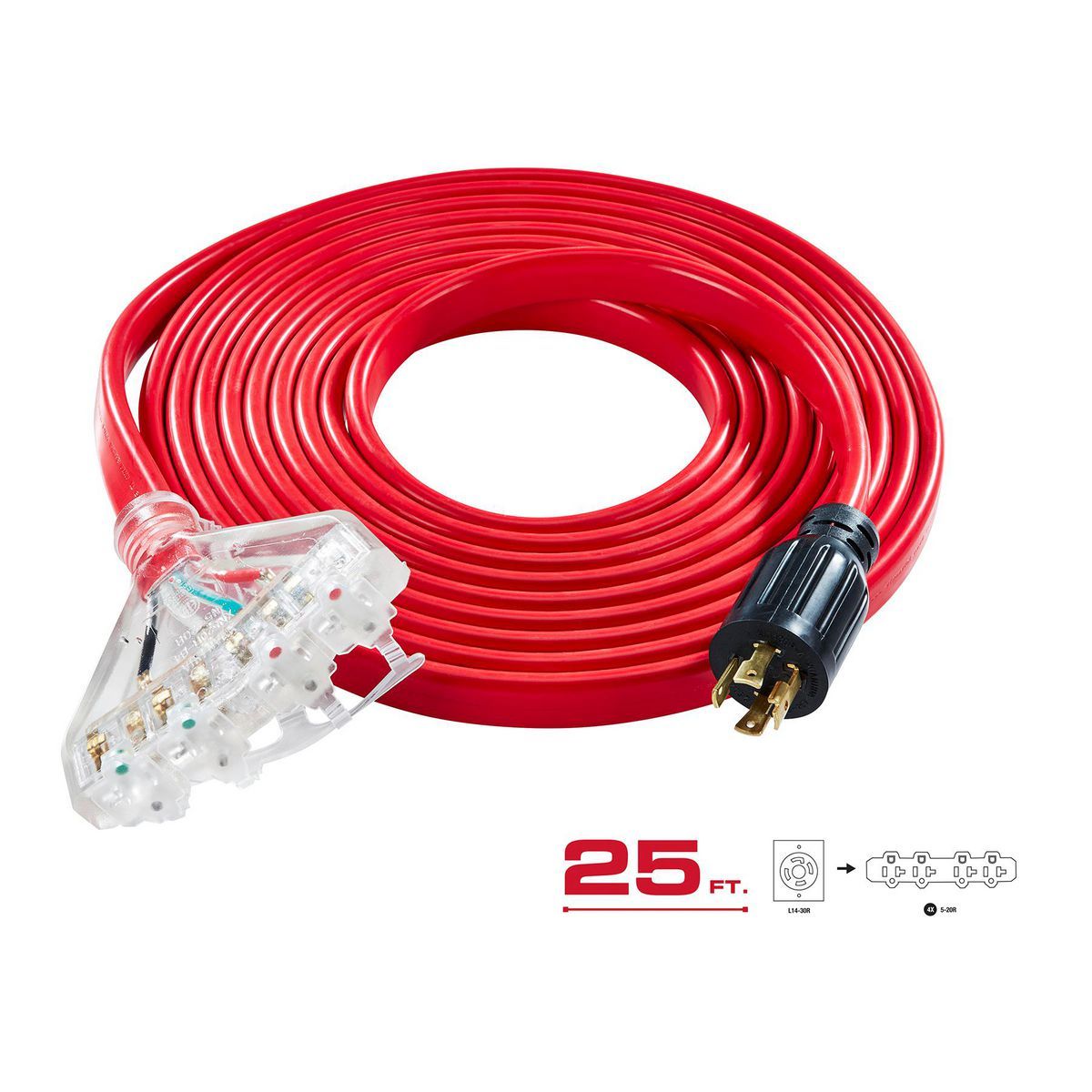 PREDATOR 25 ft., 30 Amp, 125/250V Flat 4-Outlet L14-30 Generator Extension Cord