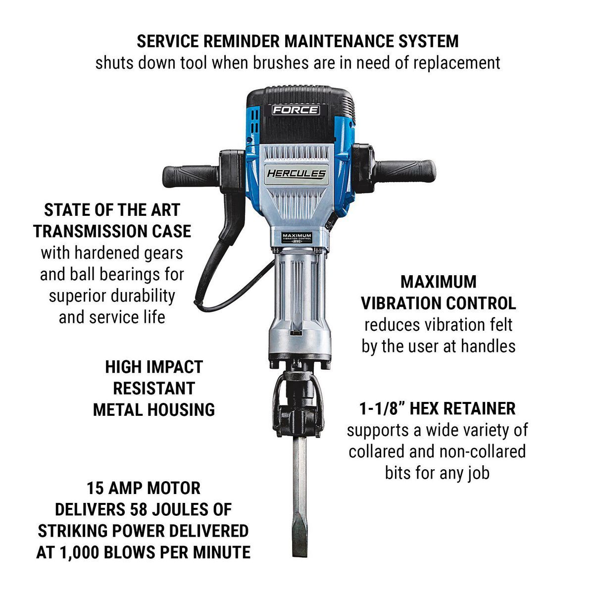 HERCULES 15 Amp, 66 lb., 1-1/8 in. Hex Breaker Hammer with Maximum Vibration Control