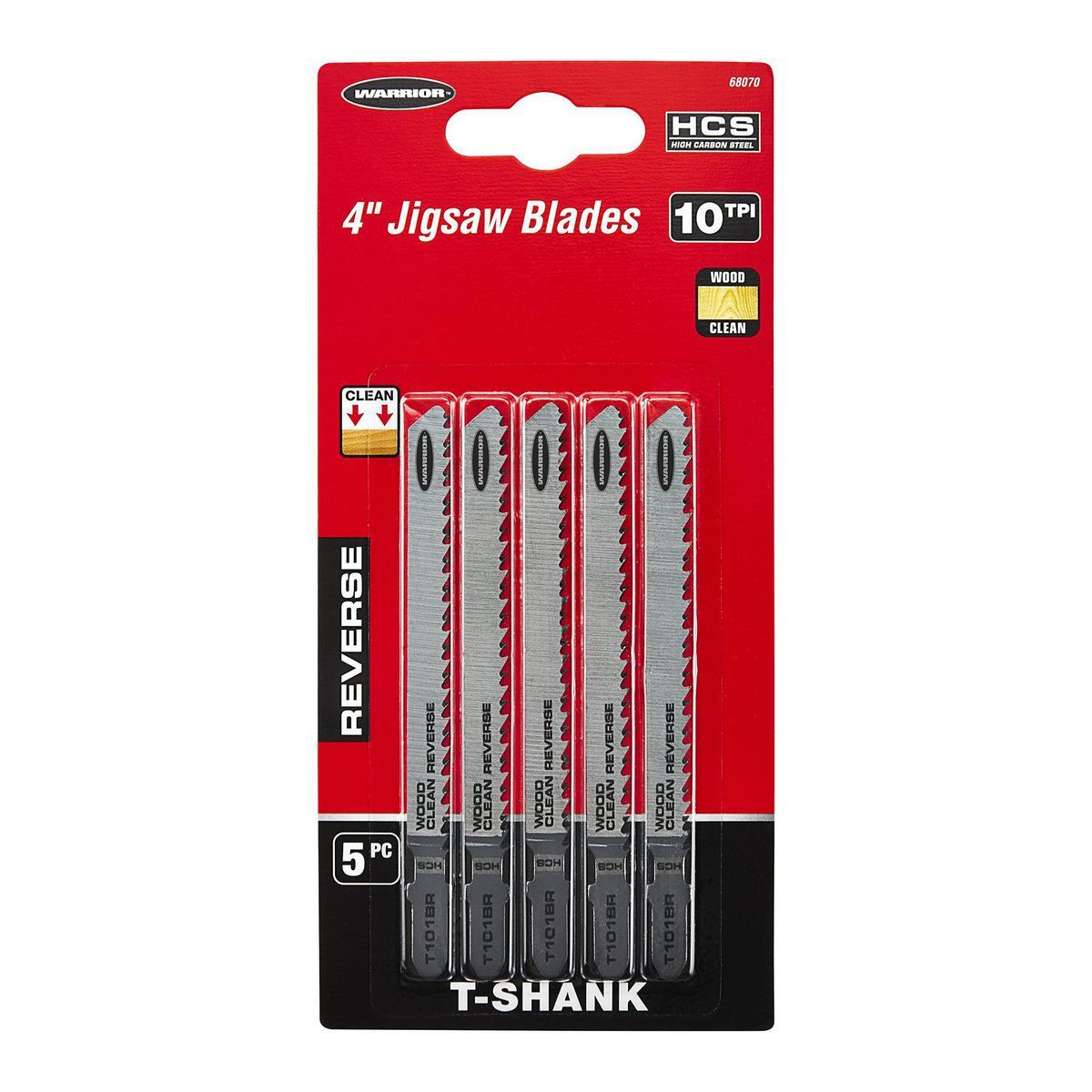 WARRIOR 4 in. 10 TPI T-shank Reverse Jig Saw Blades for Clean Wood Cutting, 5 Pack