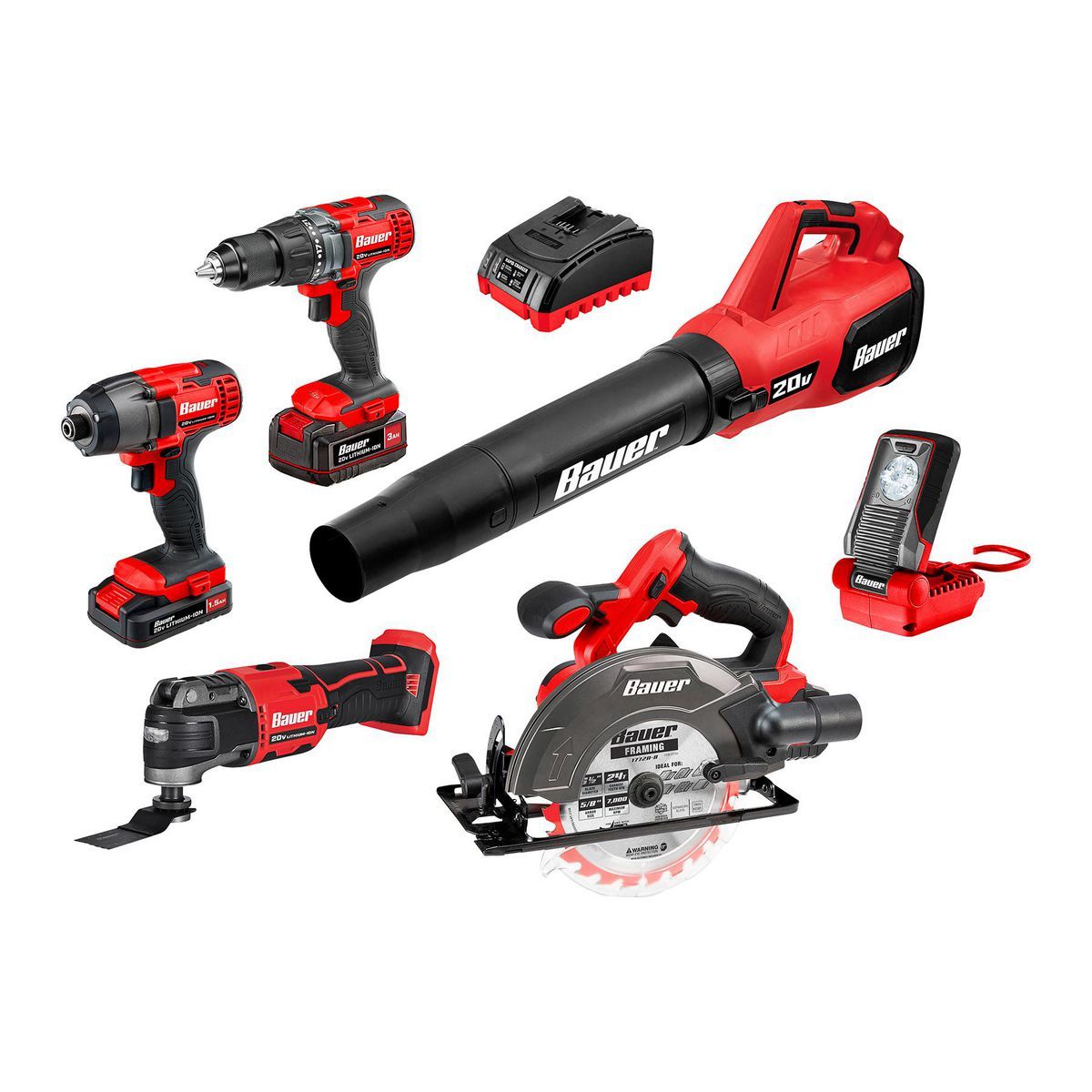 BAUER 20V Cordless, 6-Tool Combo Kit with 3 Ah Battery, 1.5 Ah Battery, and Charger