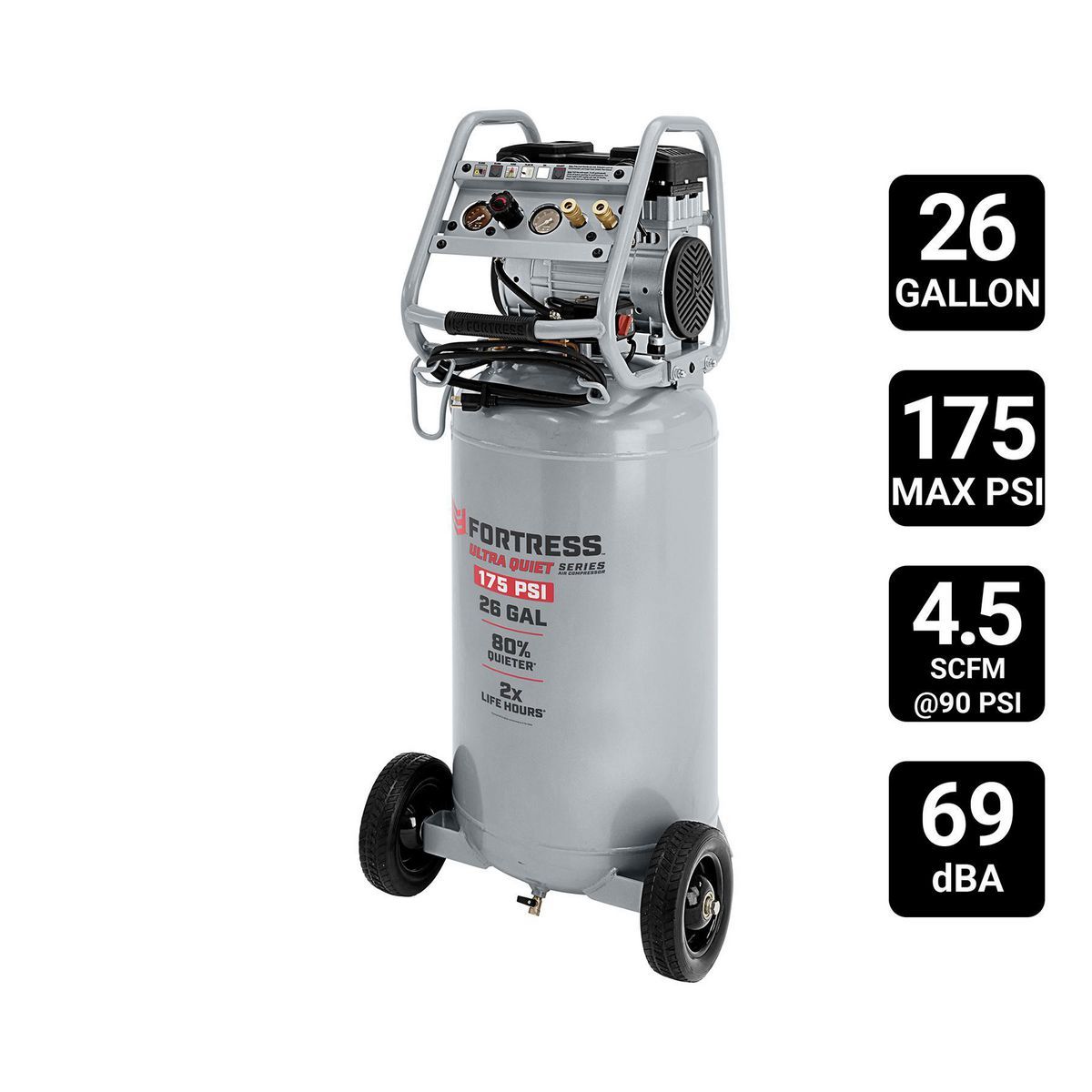 FORTRESS 26 Gallon, 175 PSI Ultra Quiet Oil-Free Vertical Shop/Auto Air Compressor