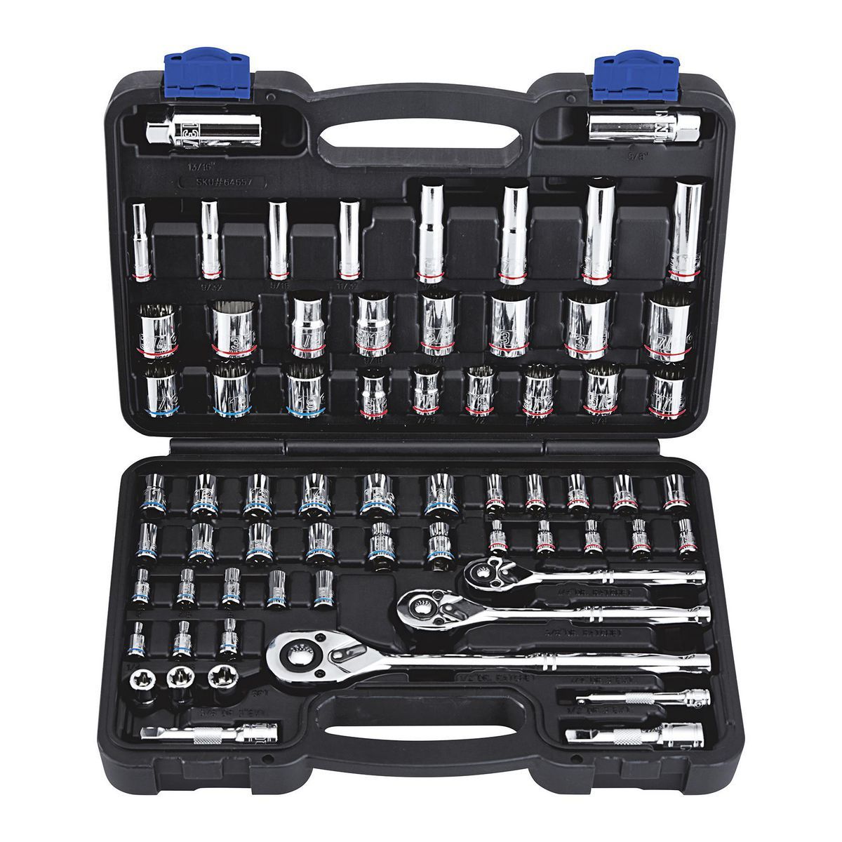 QUINN 1/4 in., 3/8 in., and 1/2 in. Drive SAE and Metric Hi-Vis Socket Set, 66-Piece