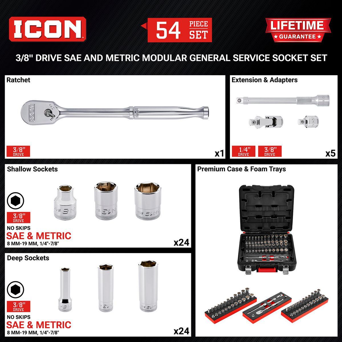 ICON 3/8 in. Drive SAE and Metric Modular General Service Socket Set, 54-Piece