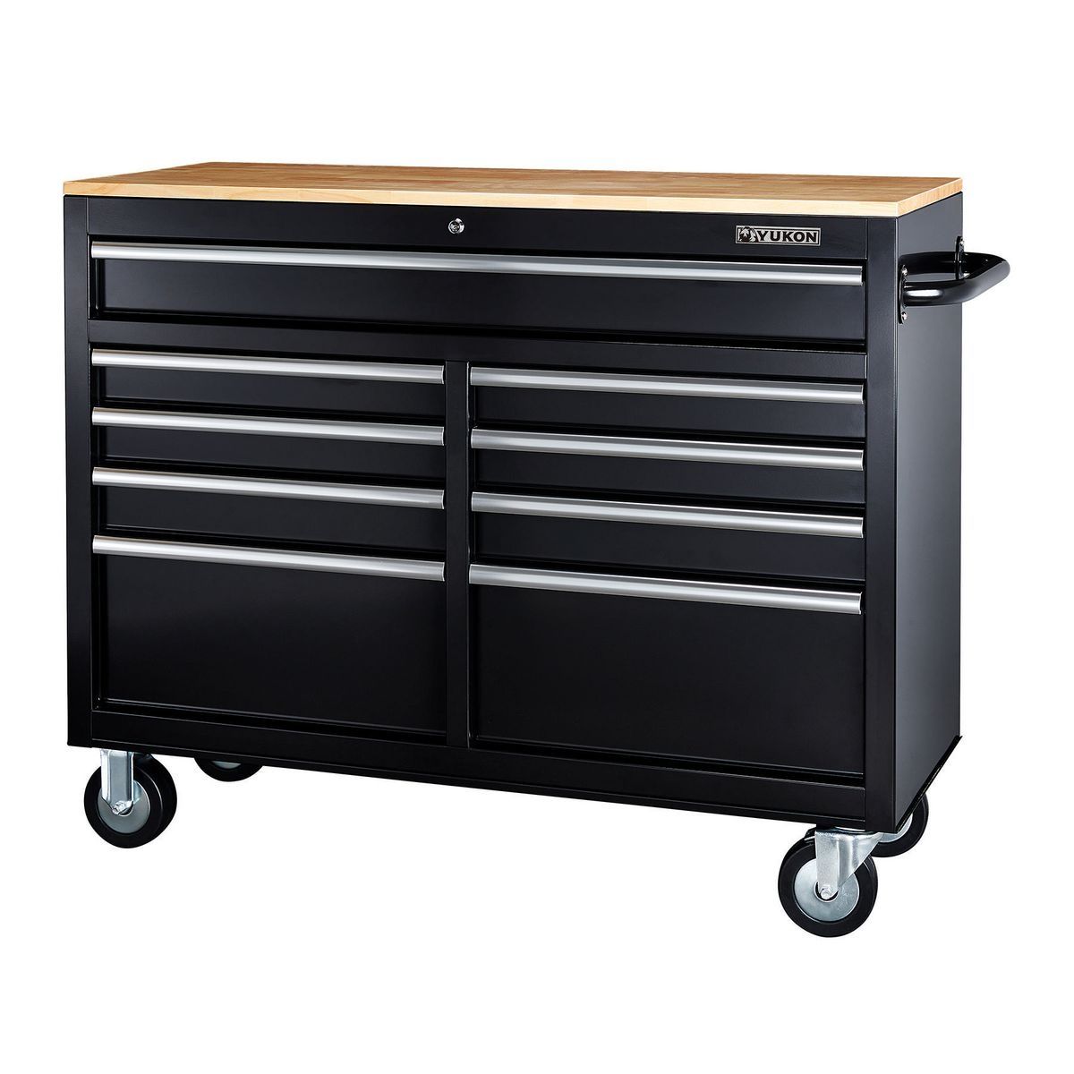 YUKON 46 in., 9-Drawer Mobile Storage Cabinet with Solid Wood Top, Black