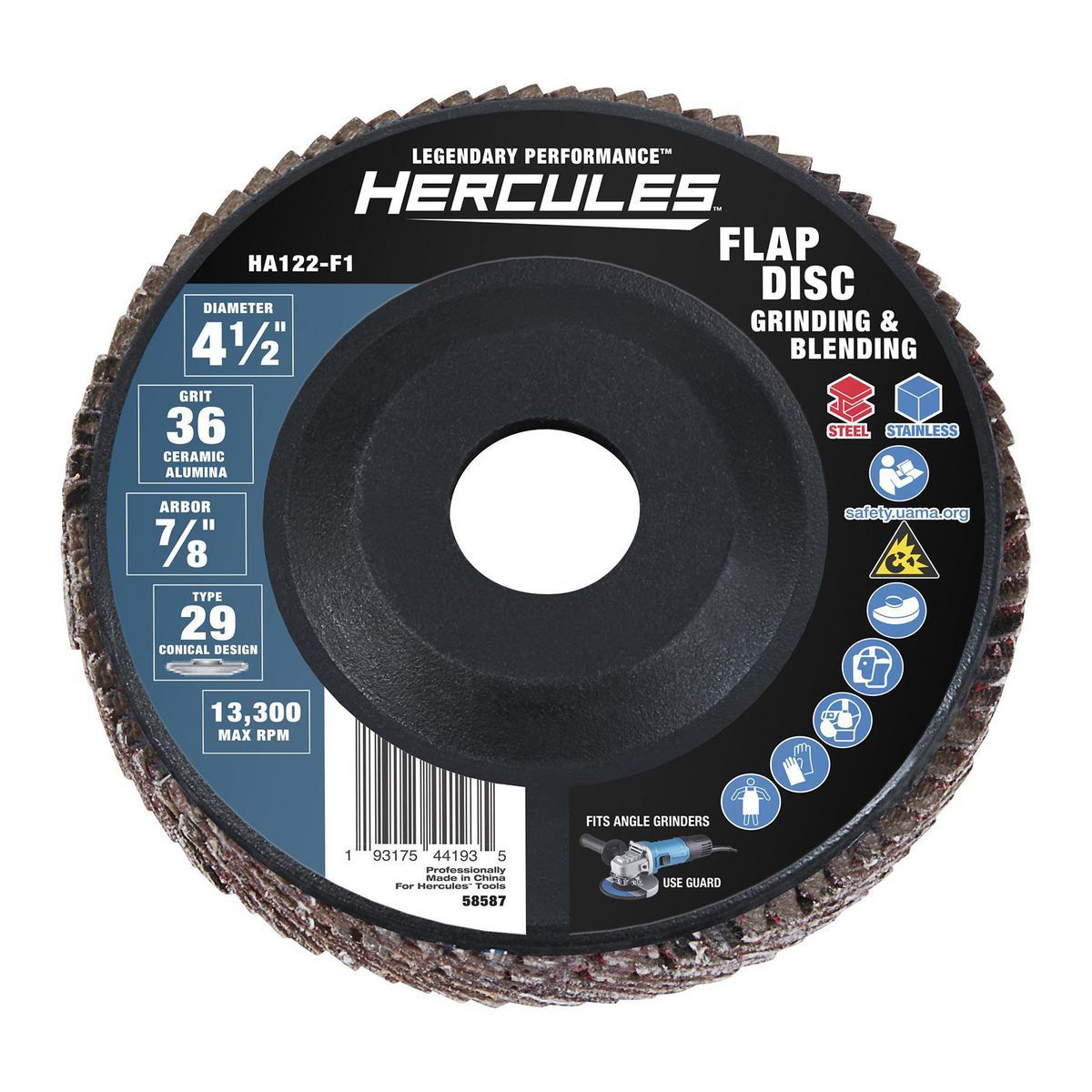 HERCULES 4-1/2 in. x 7/8 in., 36-Grit Type 29 Flap Disc with Plastic Backing and Ceramic Grain