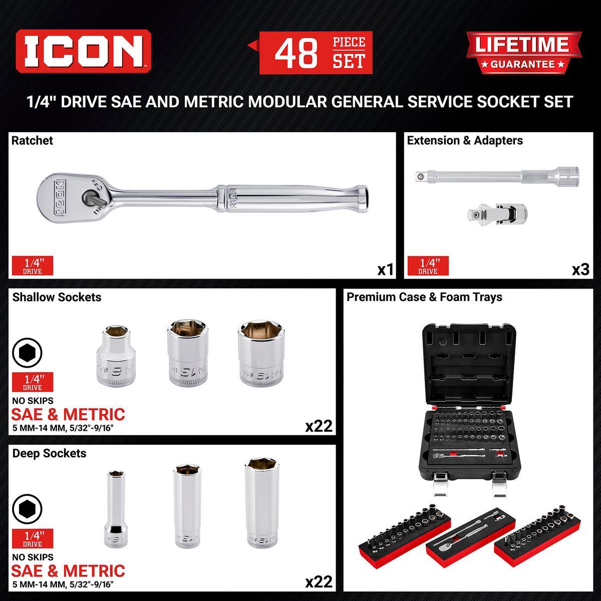 ICON 1/4 in. Drive SAE and Metric Modular General Service Socket Set, 48-Piece
