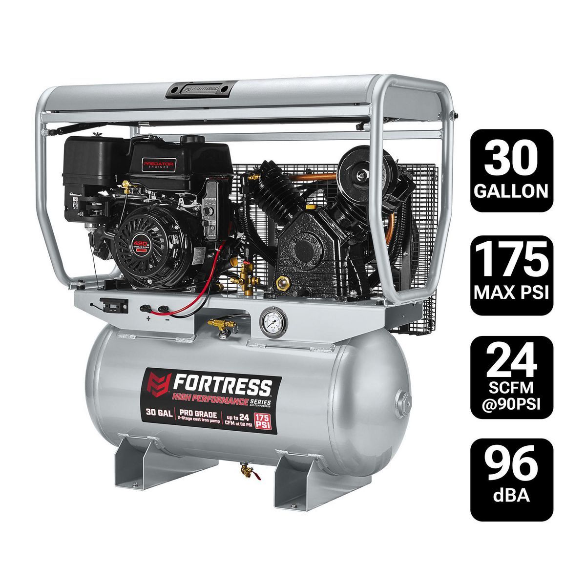FORTRESS 30 Gallon, 175 PSI High Performance Gas Truck Bed Jobsite Air Compressor