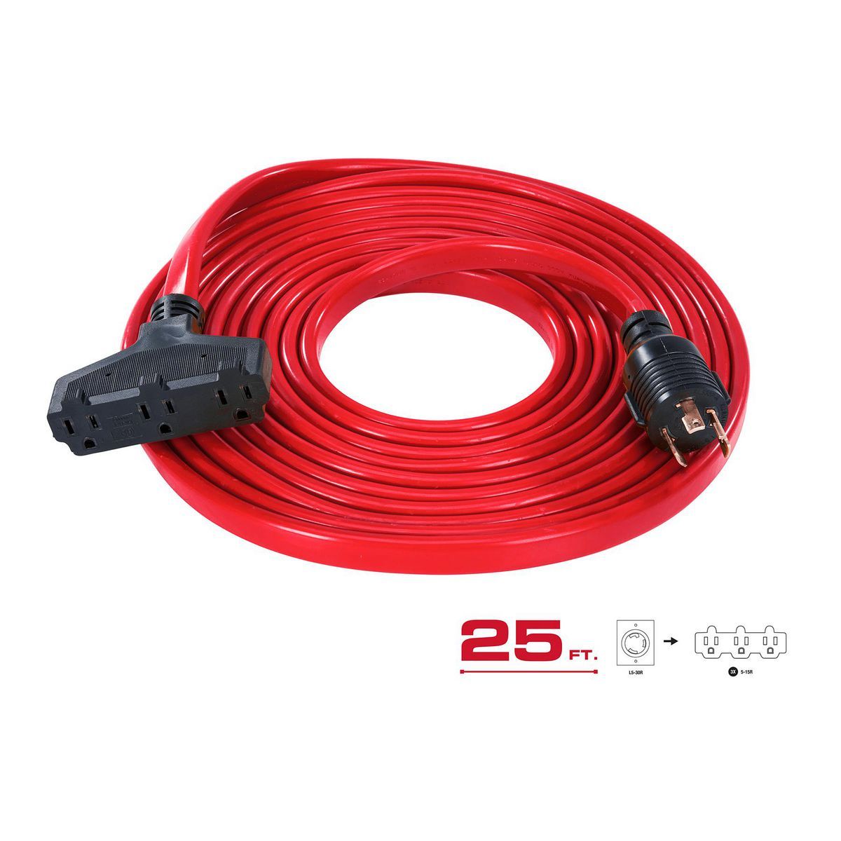 PREDATOR 25 ft., 30 Amp, 125V Flat Triple-Tap L5-30 Generator Extension Cord Adapter