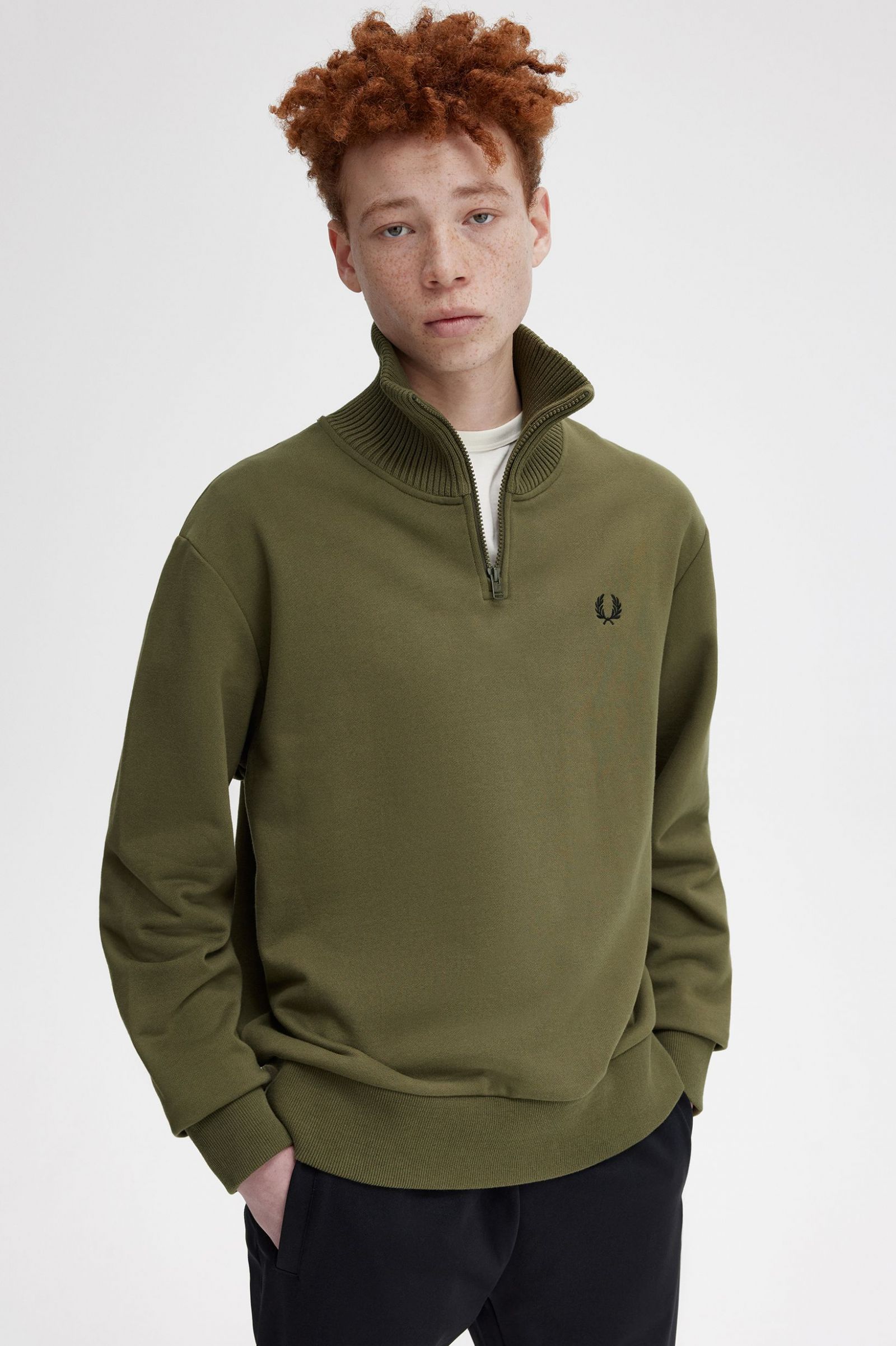 Knitted Trim Zip Neck Sweatshirt Uniform Green 7038395