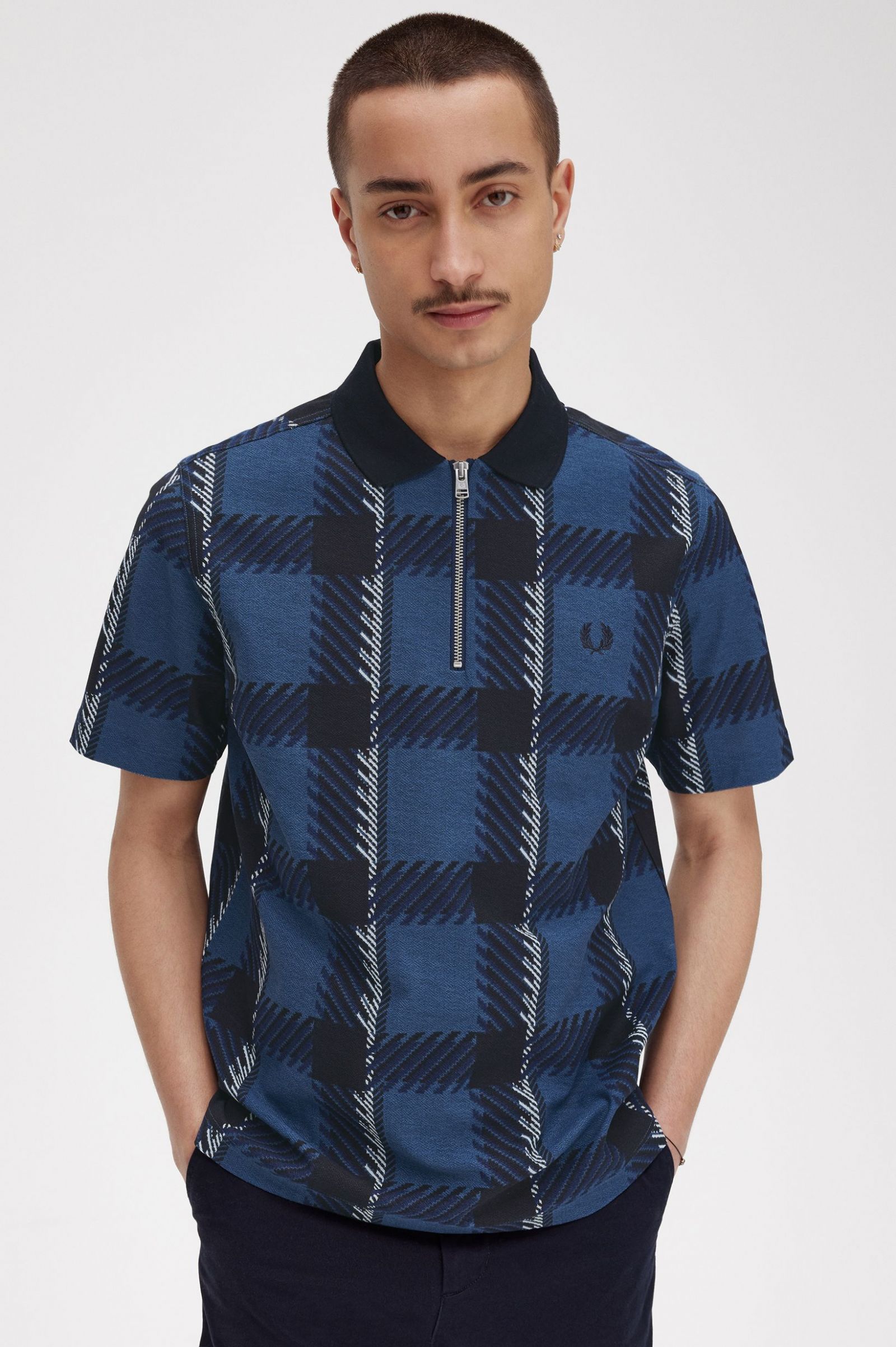 Glitch Tartan Zip Neck Polo Shirt Midnight Blue 7038690