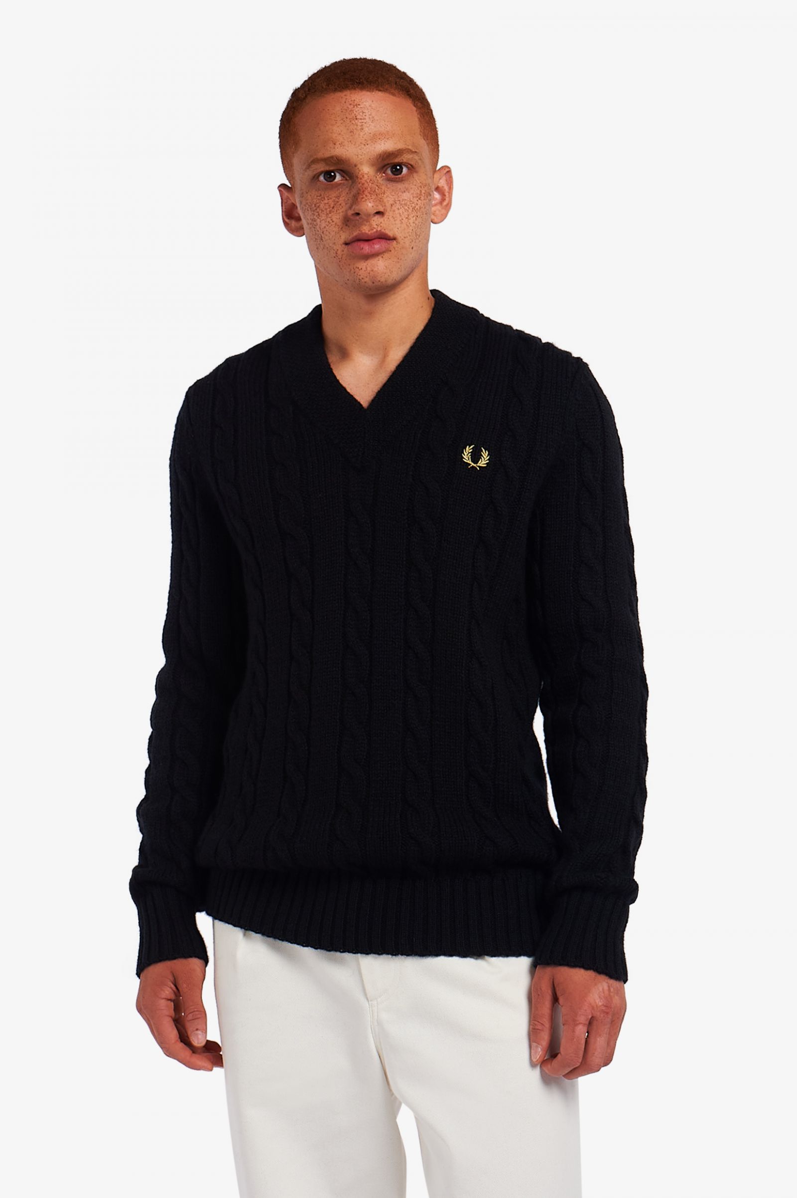 Made In EnglandCable Knit V Neck Jumper Black 7037900
