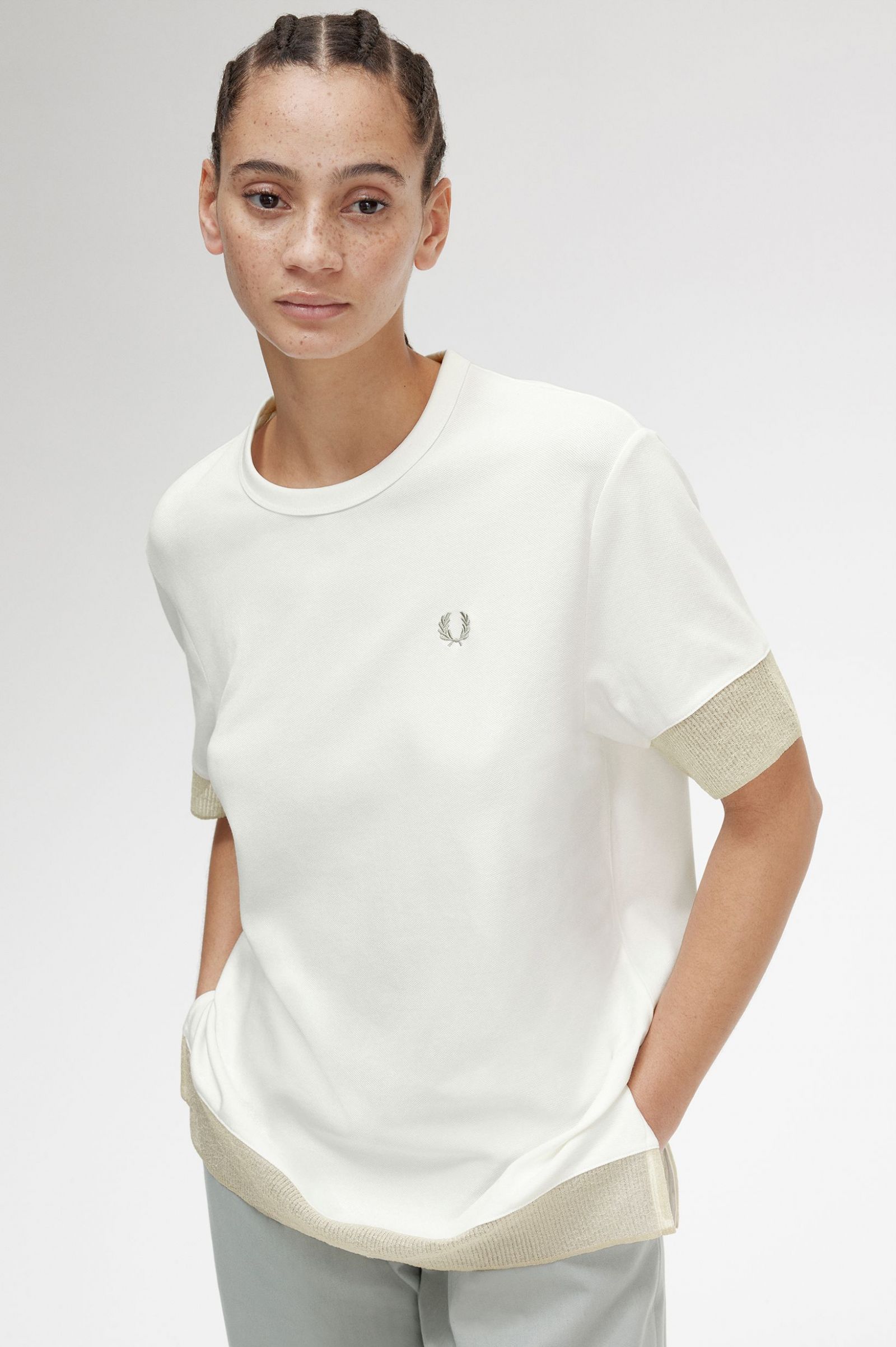 Sheer Trim Piqué T-Shirt Snow White 7039431