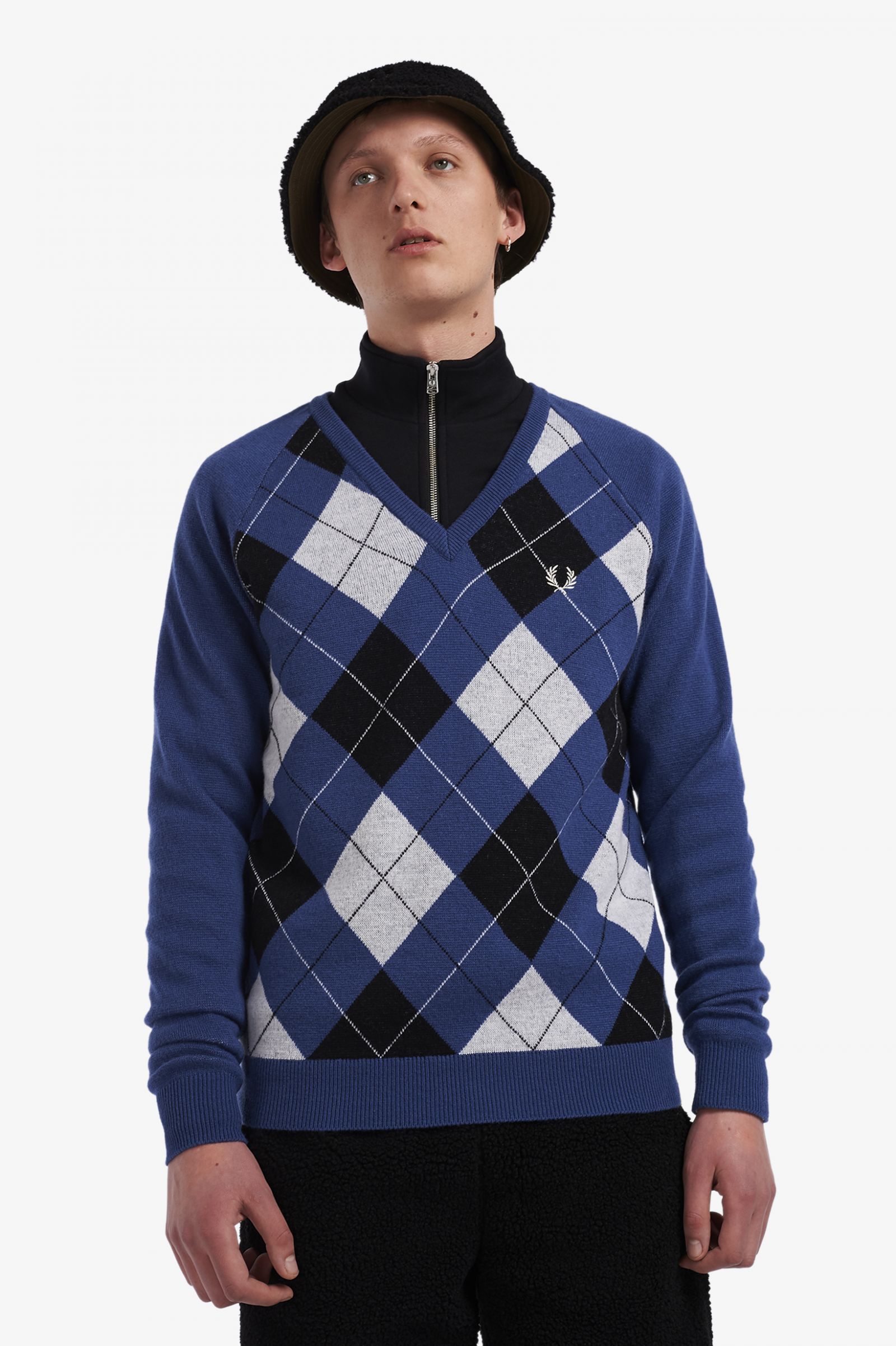 ReissuesLambswool Argyle V-Neck Jumper Cobalt 7037833
