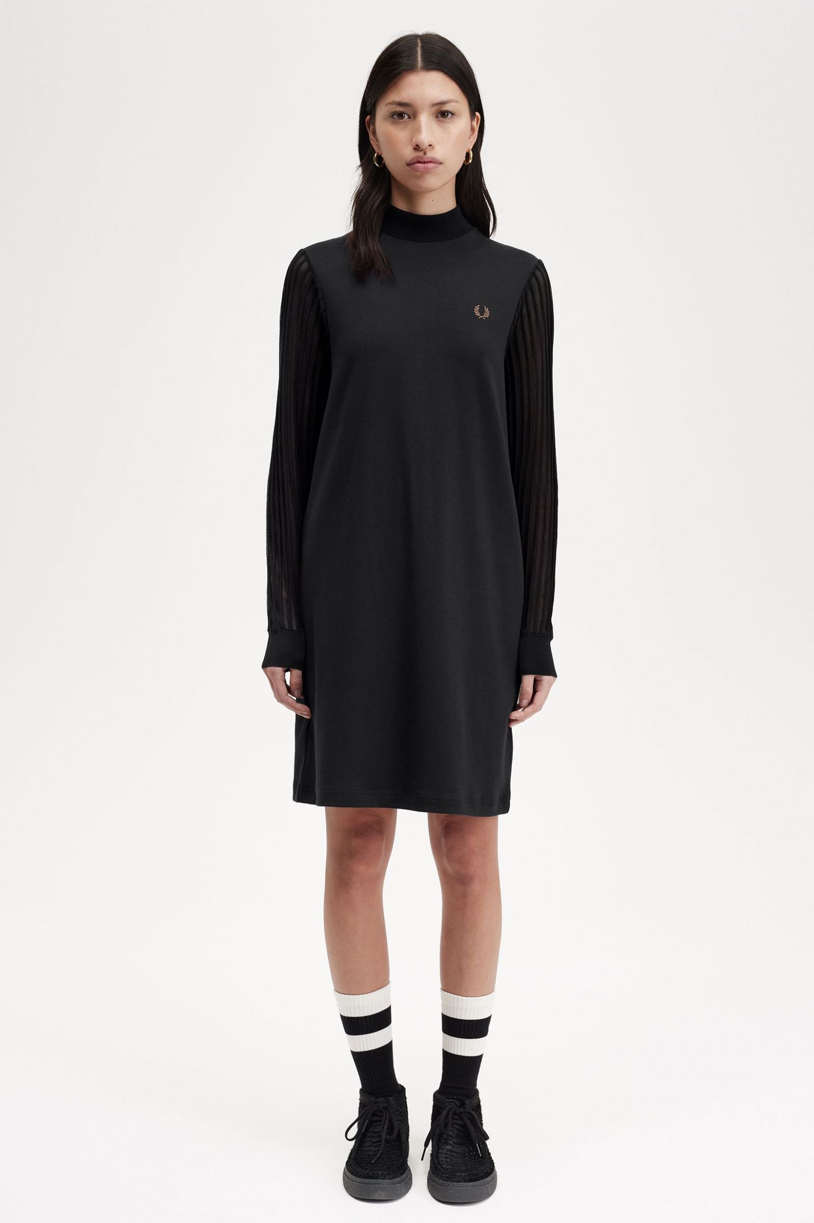 Sheer Sleeve Mock Neck Dress Black 7039307