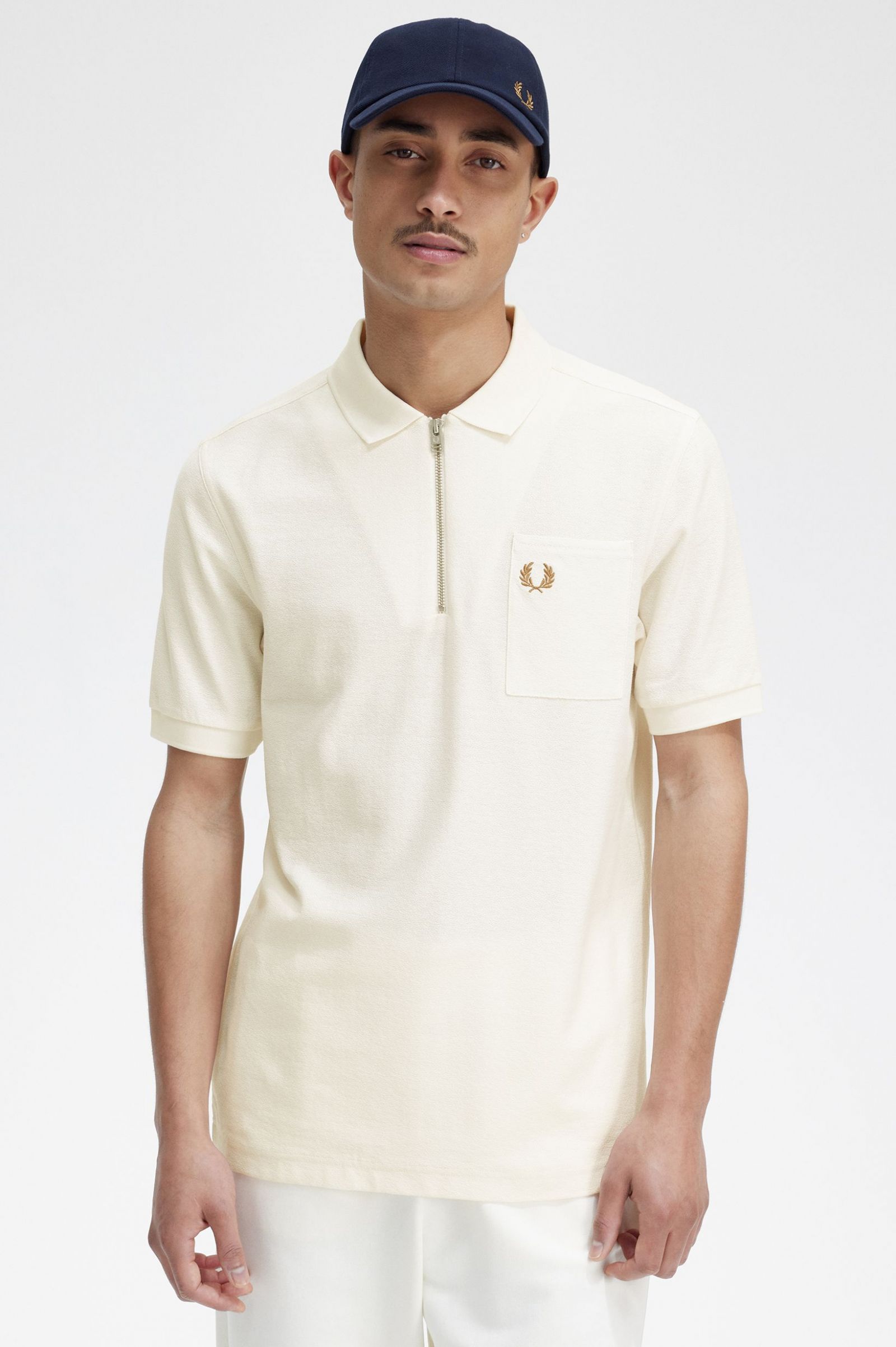 Textured Zip Neck Polo Shirt Ecru 7038565