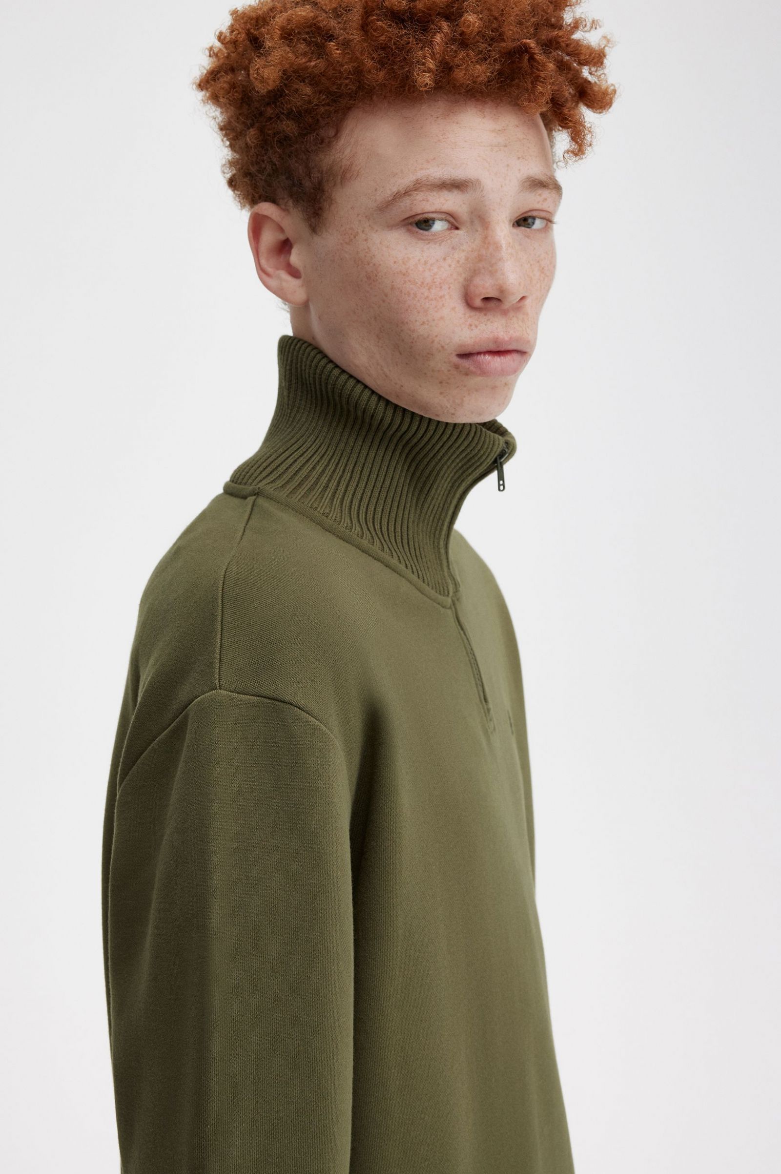 Knitted Trim Zip Neck Sweatshirt Uniform Green 7038395
