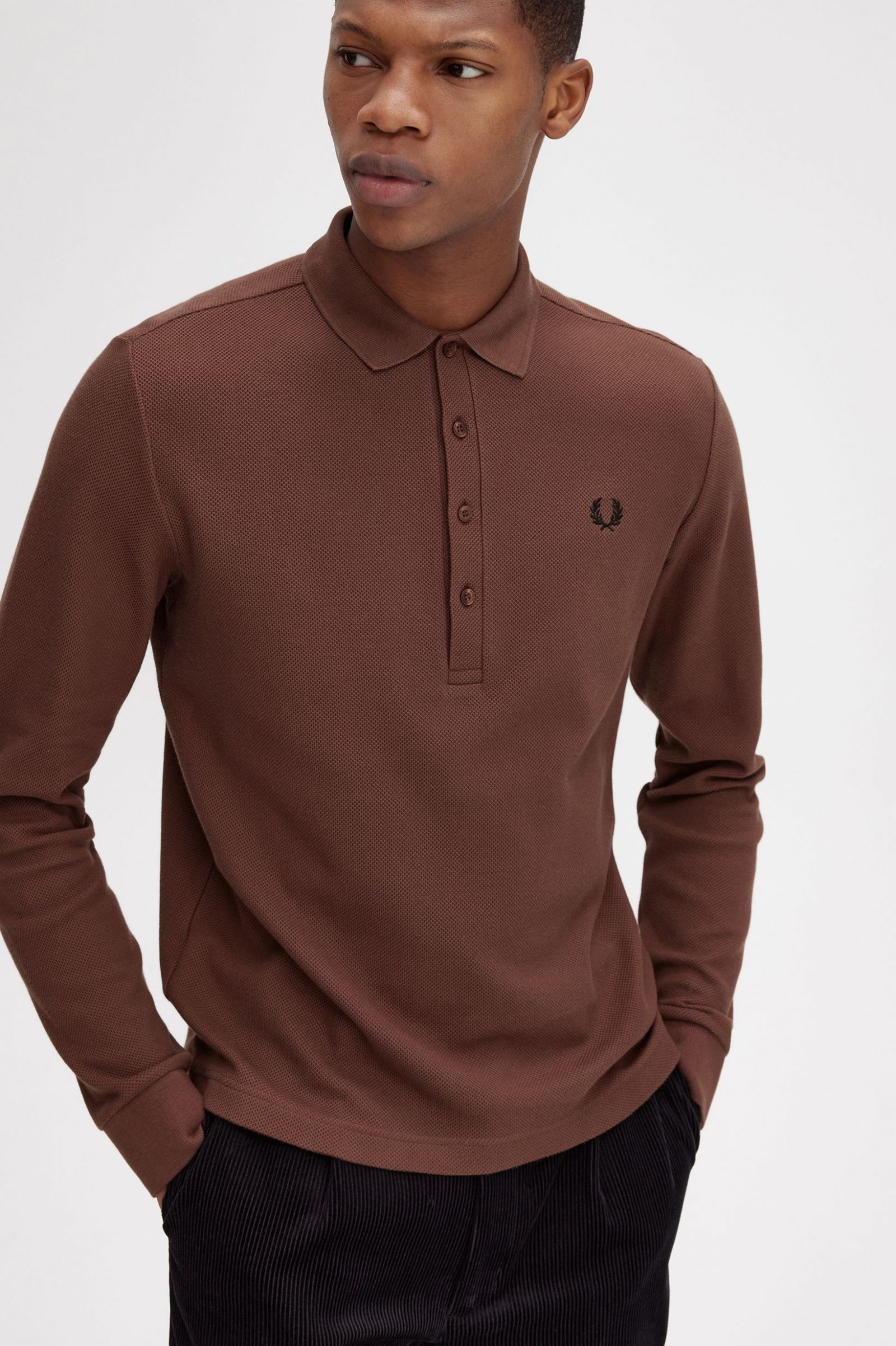 Honeycomb Cotton Long Sleeve Polo Shirt Whisky Brown 7038651