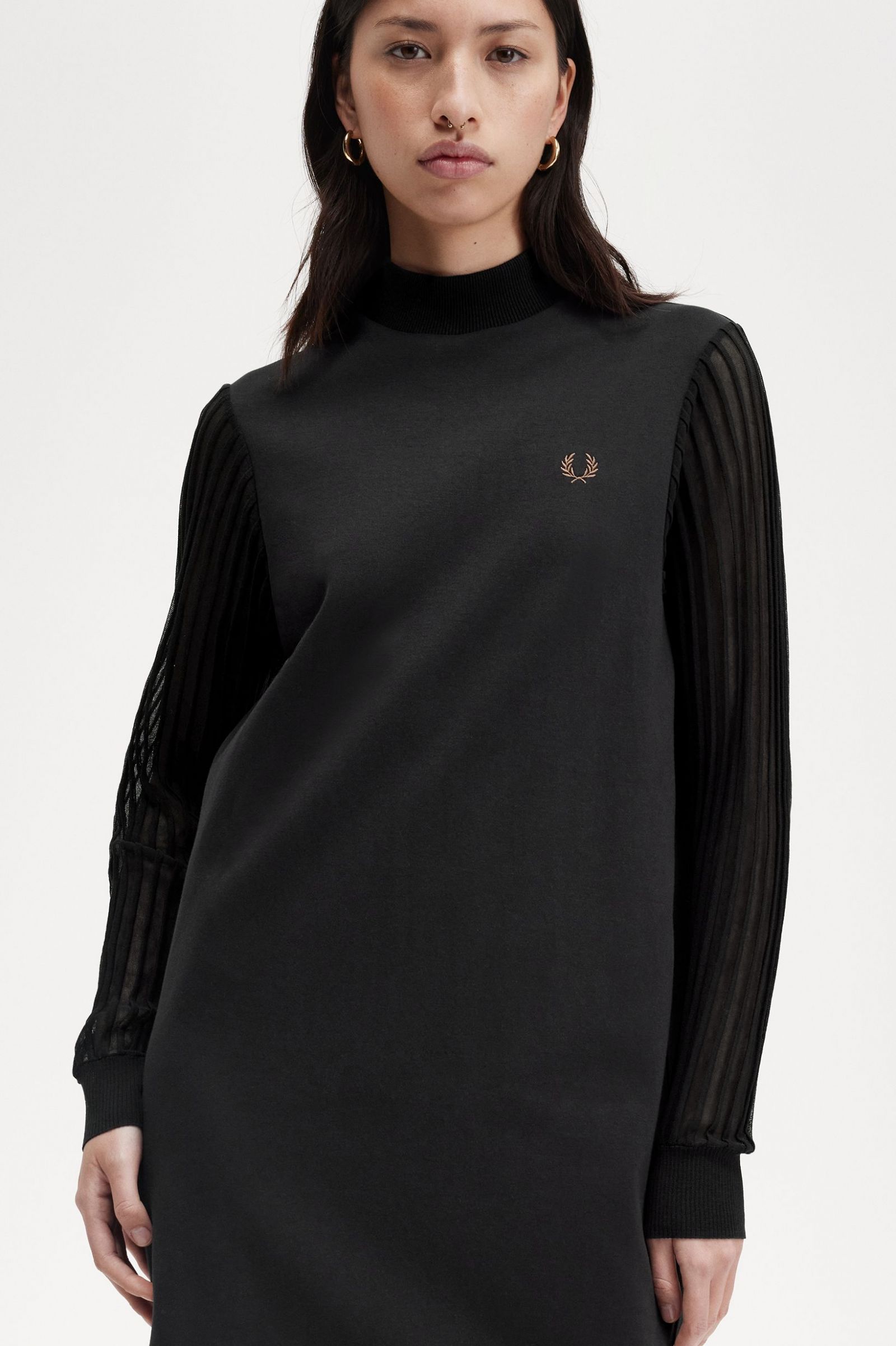 Sheer Sleeve Mock Neck Dress Black 7039307