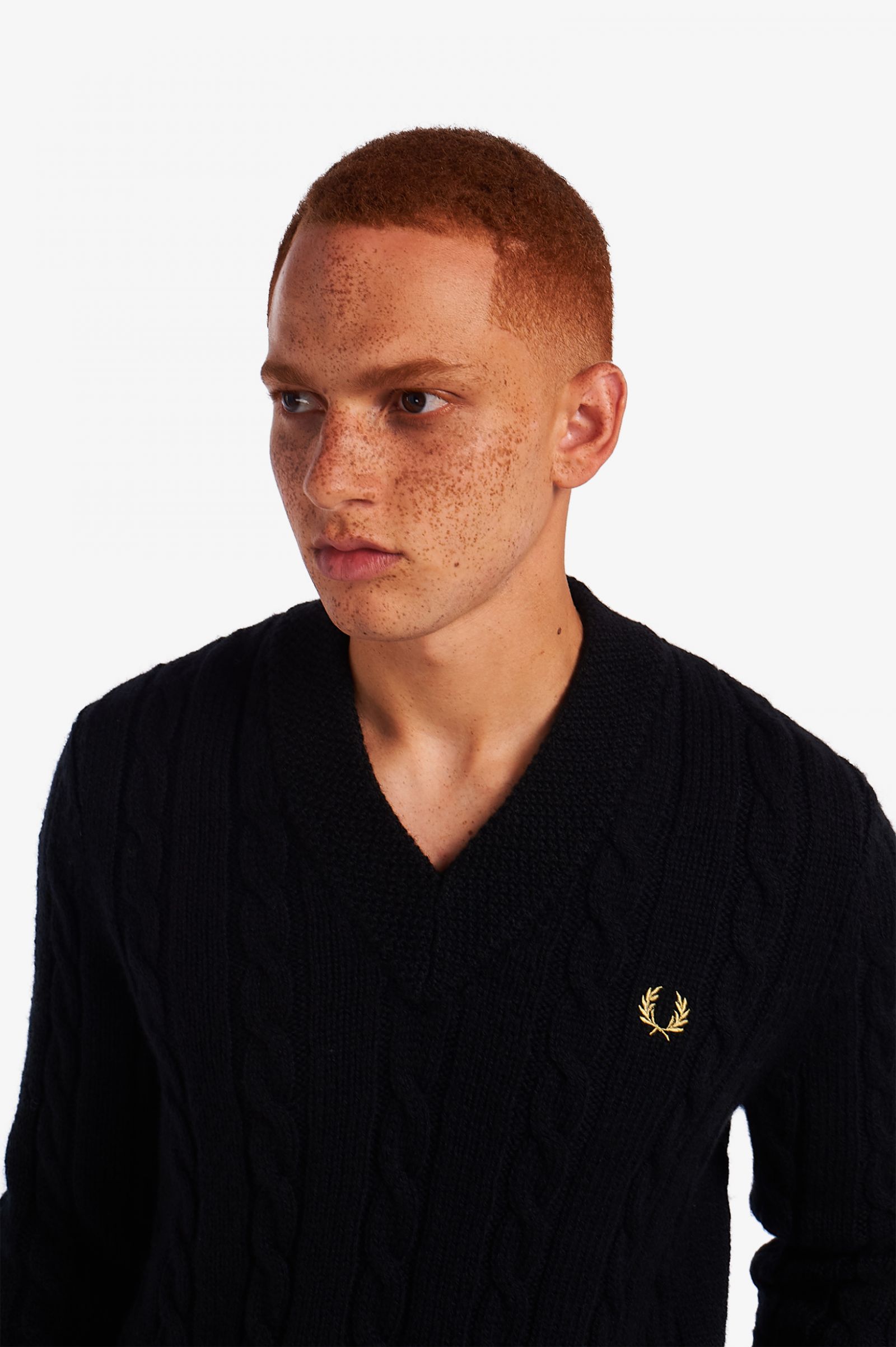 Made In EnglandCable Knit V Neck Jumper Black 7037900