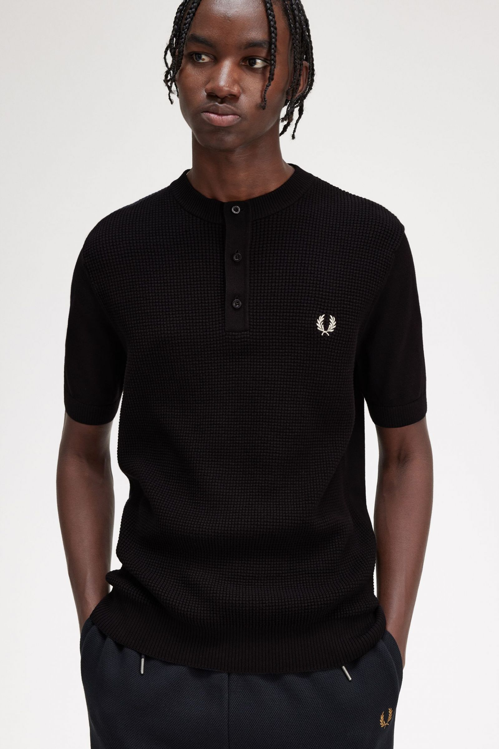 Waffle Stitch Henley Shirt Black 7038355